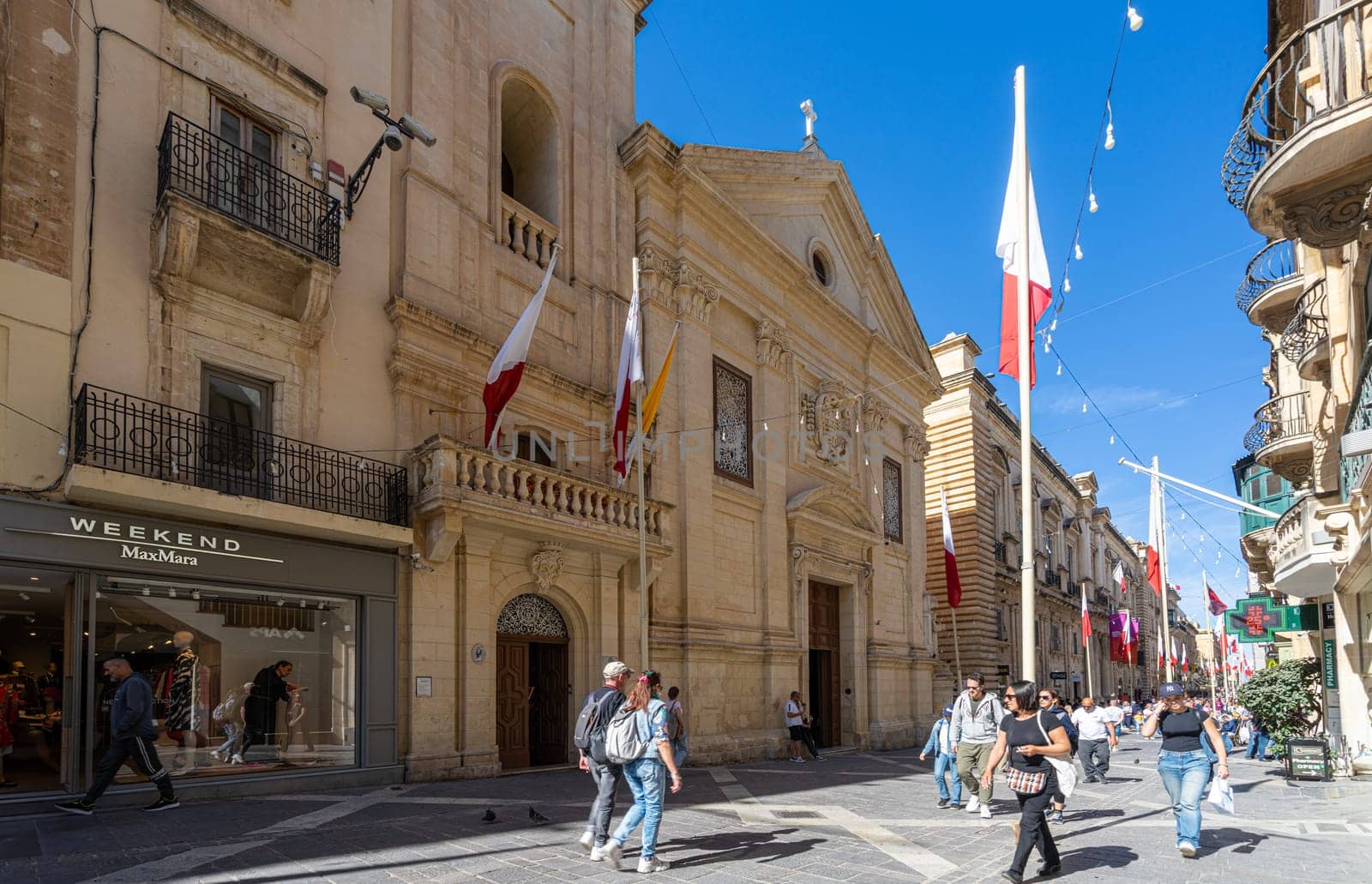 Malta, April 03, 2024. the external view of the Church of Saint Francis of Assisi in the city center
