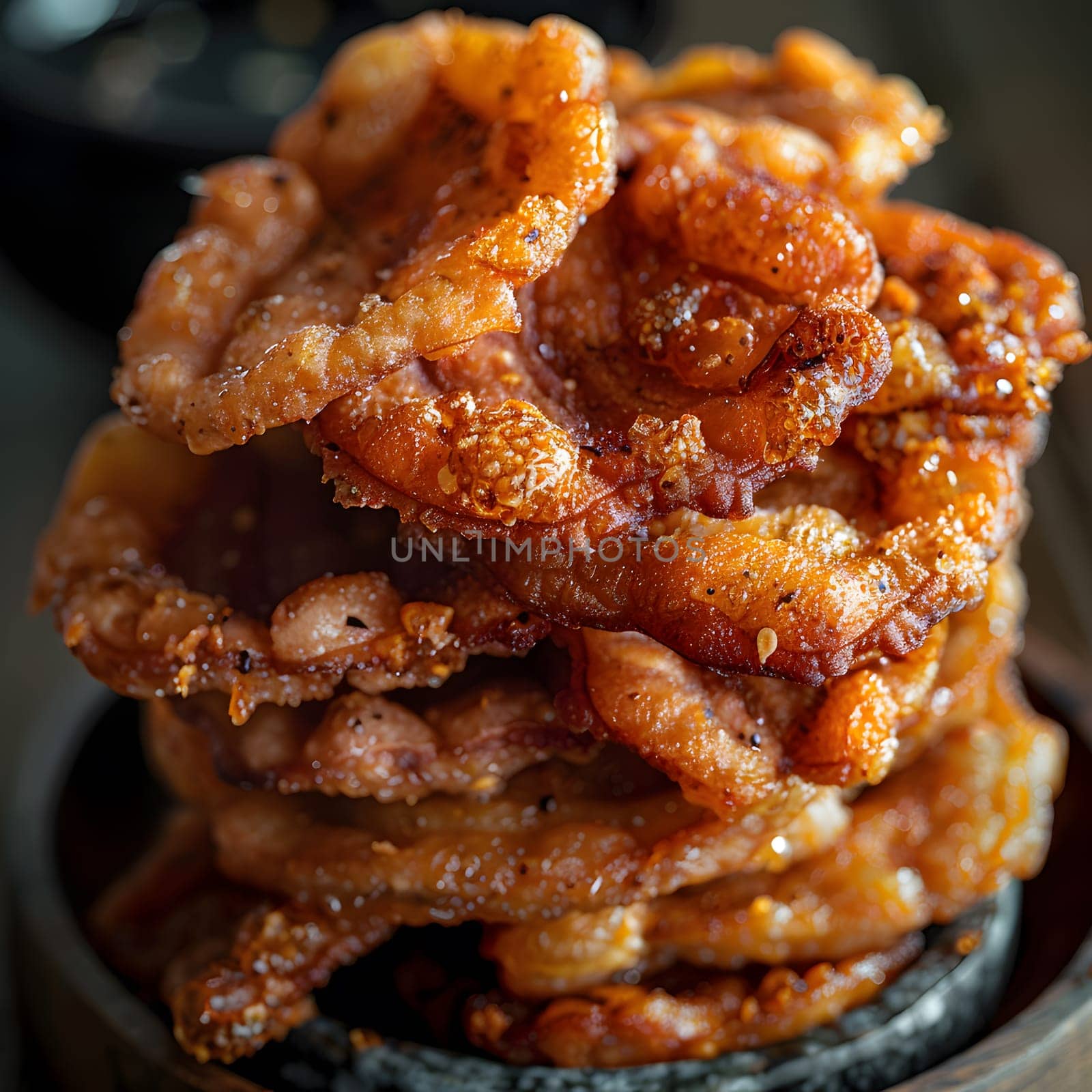 A closeup of a bowl filled with a stack of deepfried food, showcasing a variety of fast food items. This dish is a popular cuisine known for its crispy texture and savory flavors