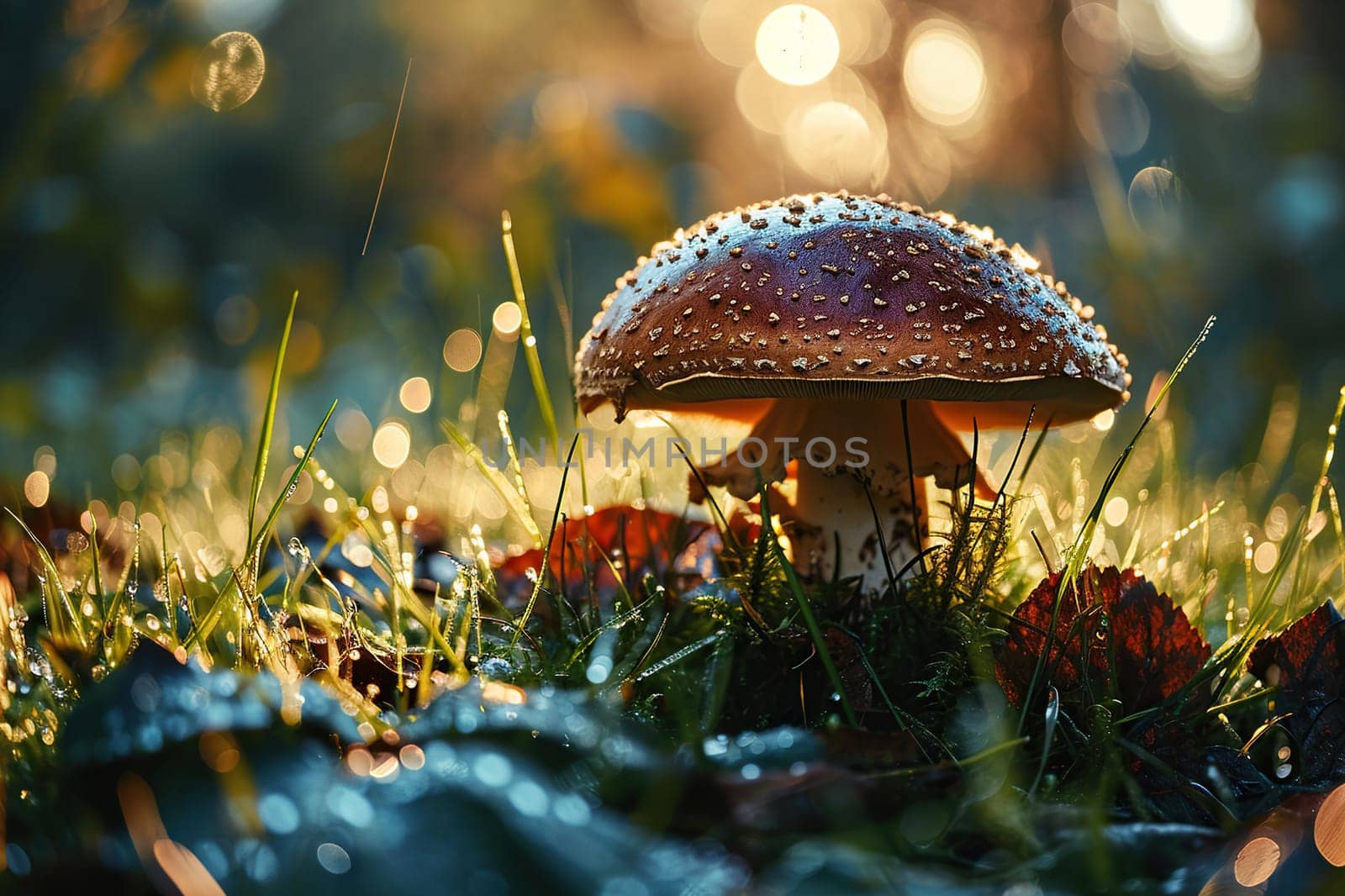 Beautiful unfamiliar poisonous mushroom in wet grass in the forest at dawn.