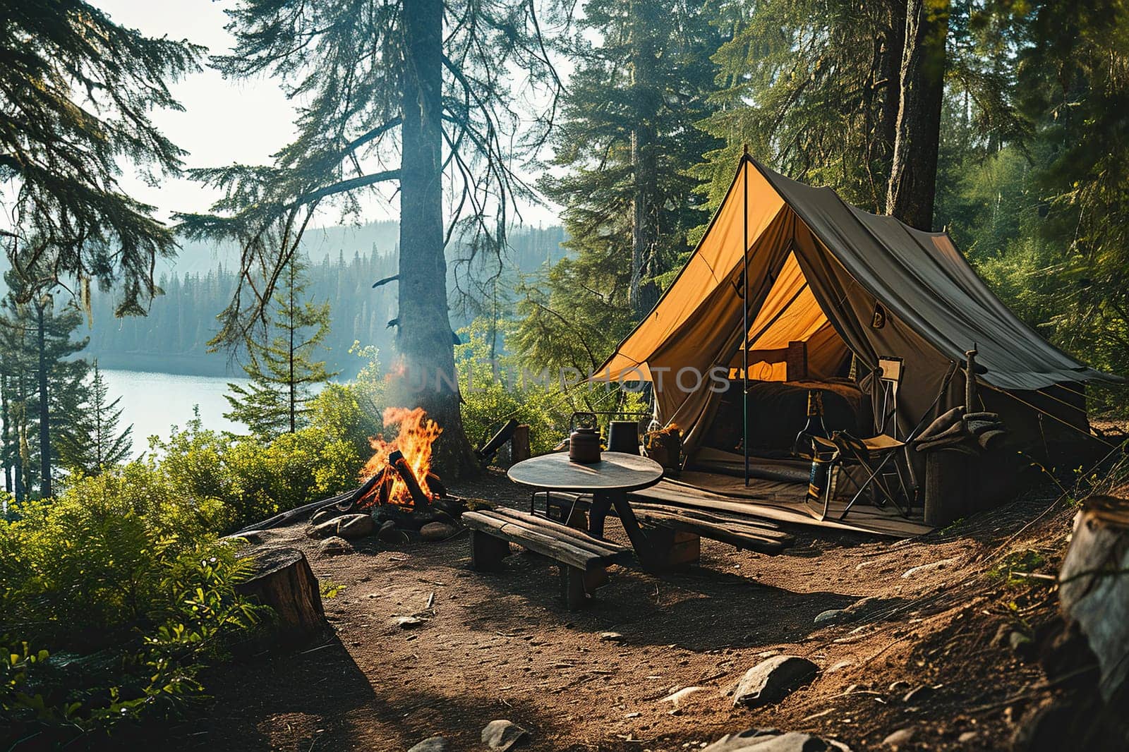 Camping with a tent and a fire in the forest.