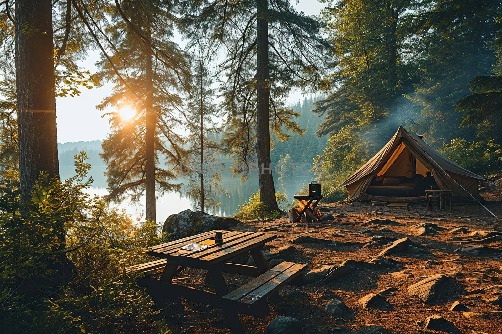Camping in the forest on the shore of the lake. Tent, table, fire. Generative ai by Vovmar