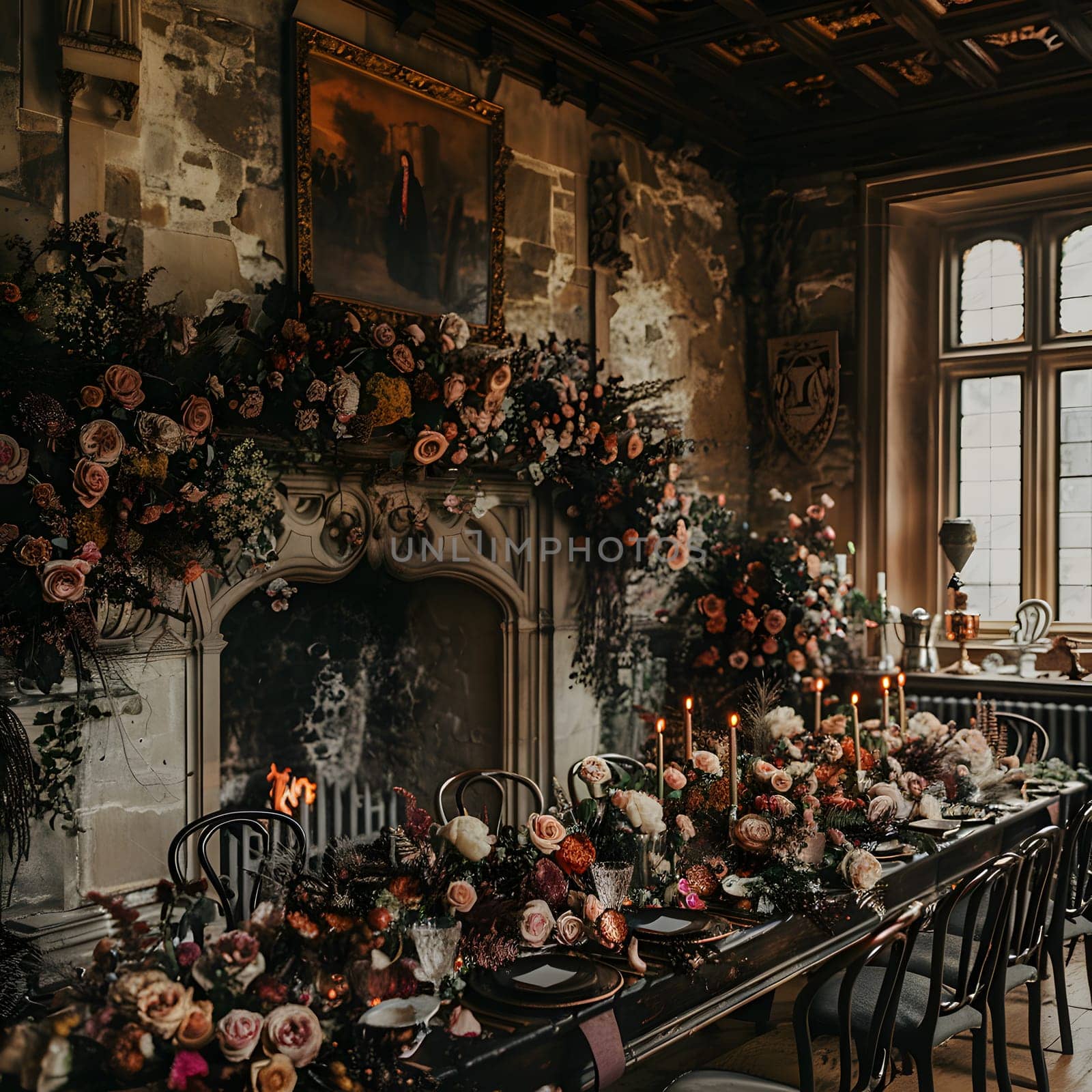 A long table adorned with candles and flowers is set in front of a cozy fireplace, creating a picturesque still life scene in the rooms interior design