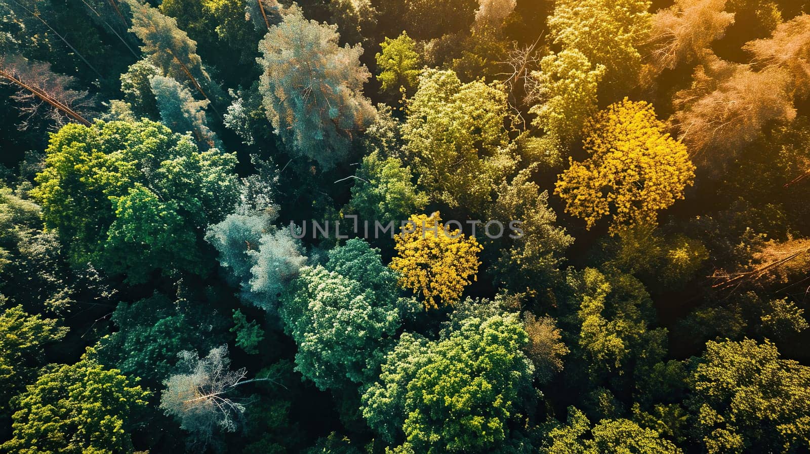 Top view of mixed forest, green deciduous trees on a sunny day. Beautiful natural background.