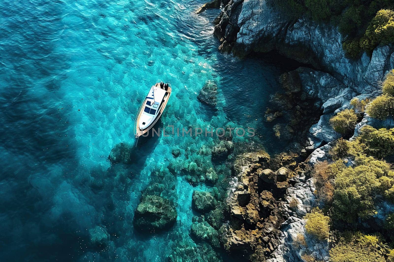 Top view of a yacht in the sea off the coast with reefs. Vacation, rest, travel concept.