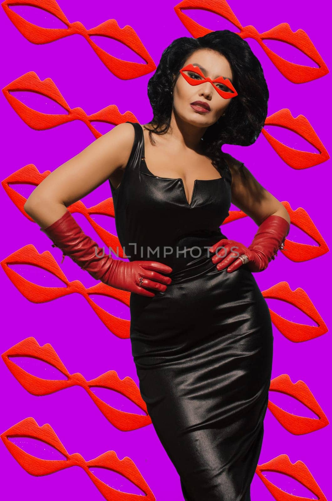 Abstract contemporary art collage luxurious Asian woman posing in black leather dress and red gloves with red glasses lips shape on face and pink background by zartarn
