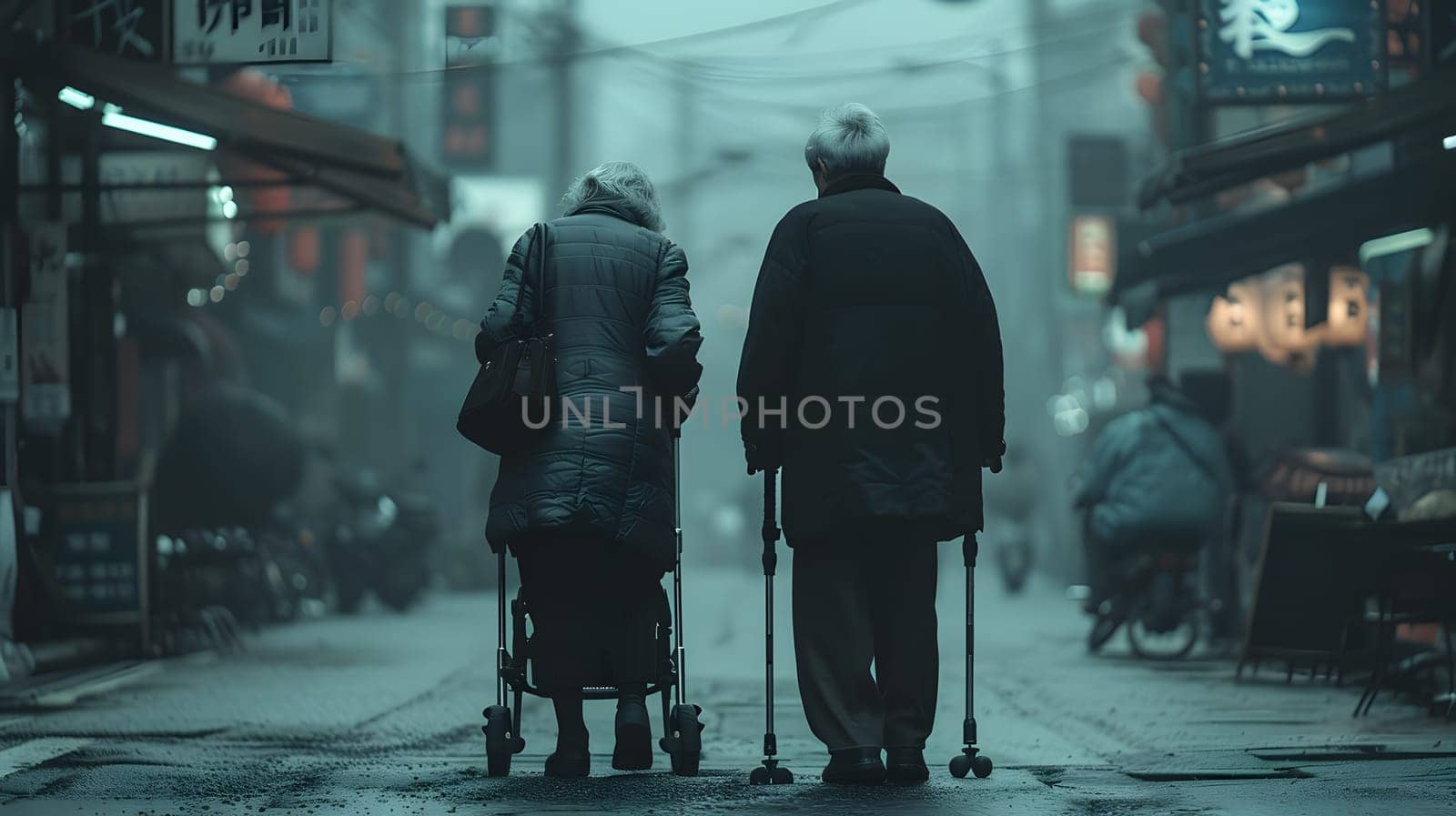 Two elderly pedestrians strolling down a city street on a winter night, surrounded by darkness. They could be mistaken for fictional characters in a midnight art event