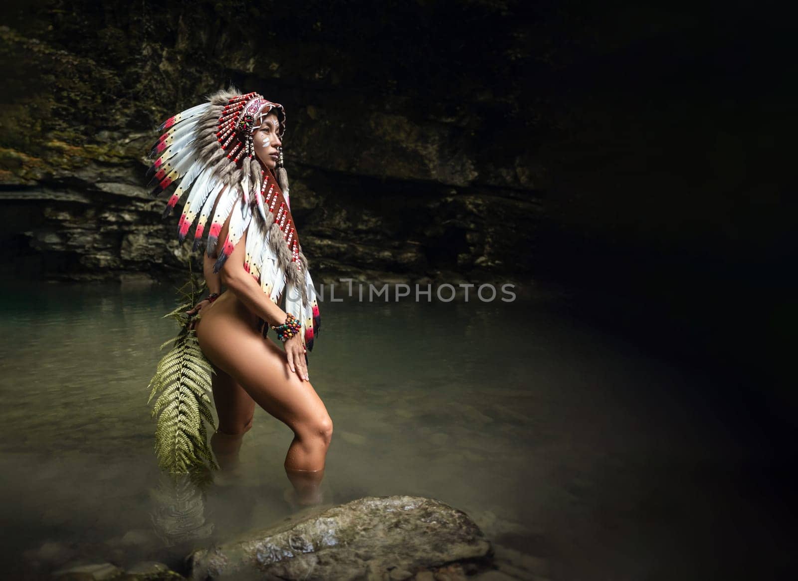 Naked girl in Native American headdresses poses sexually against the backdrop of wildlife with fern