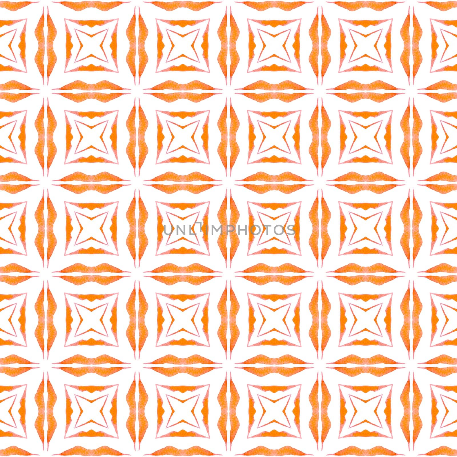 Ikat repeating swimwear design. Orange energetic boho chic summer design. Textile ready delightful print, swimwear fabric, wallpaper, wrapping. Watercolor ikat repeating tile border.