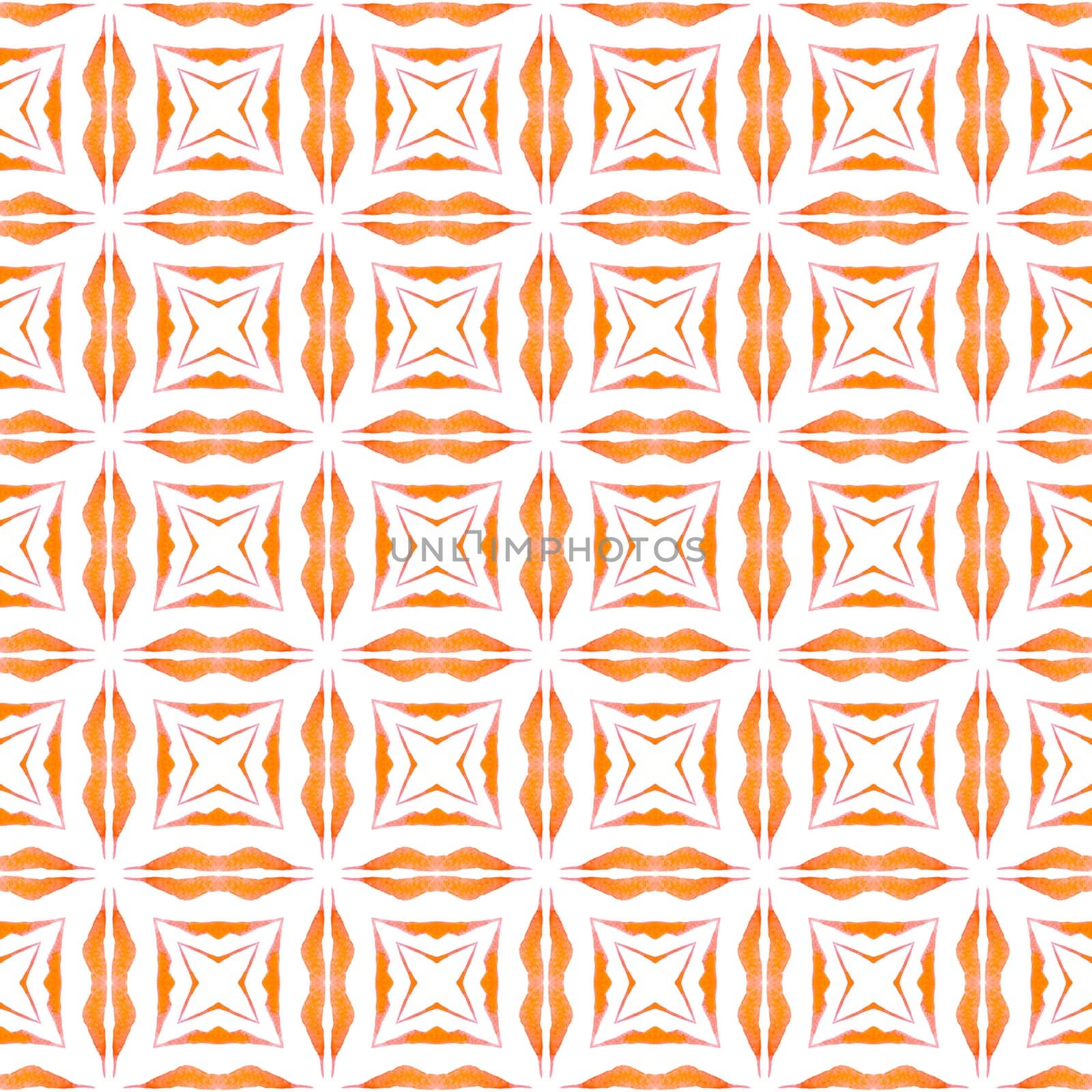 Ikat repeating swimwear design. Orange energetic boho chic summer design. Textile ready delightful print, swimwear fabric, wallpaper, wrapping. Watercolor ikat repeating tile border.