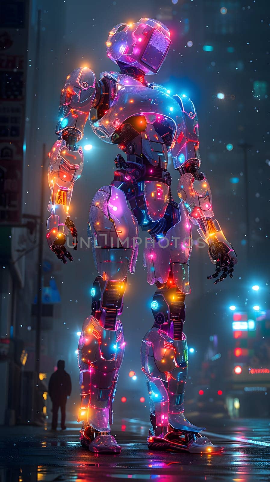 A robot adorned with purple, electric blue automotive lighting stands on a city street at night, creating a festive and eyecatching display for passersby to enjoy during the holiday event
