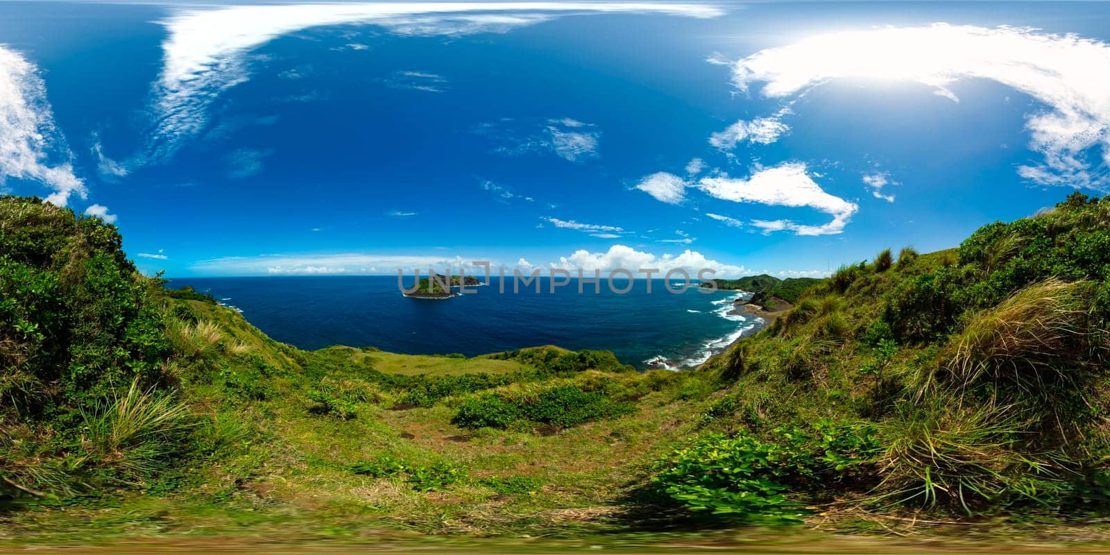 Island and blue ocean. Palaui island, Cape Engano, Dos Hermanas island. Philippines. VR 360.