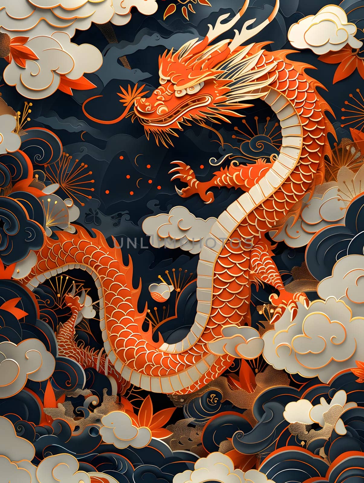 A red dragon surrounded by clouds in a dark Botanyinspired Illustration by Nadtochiy