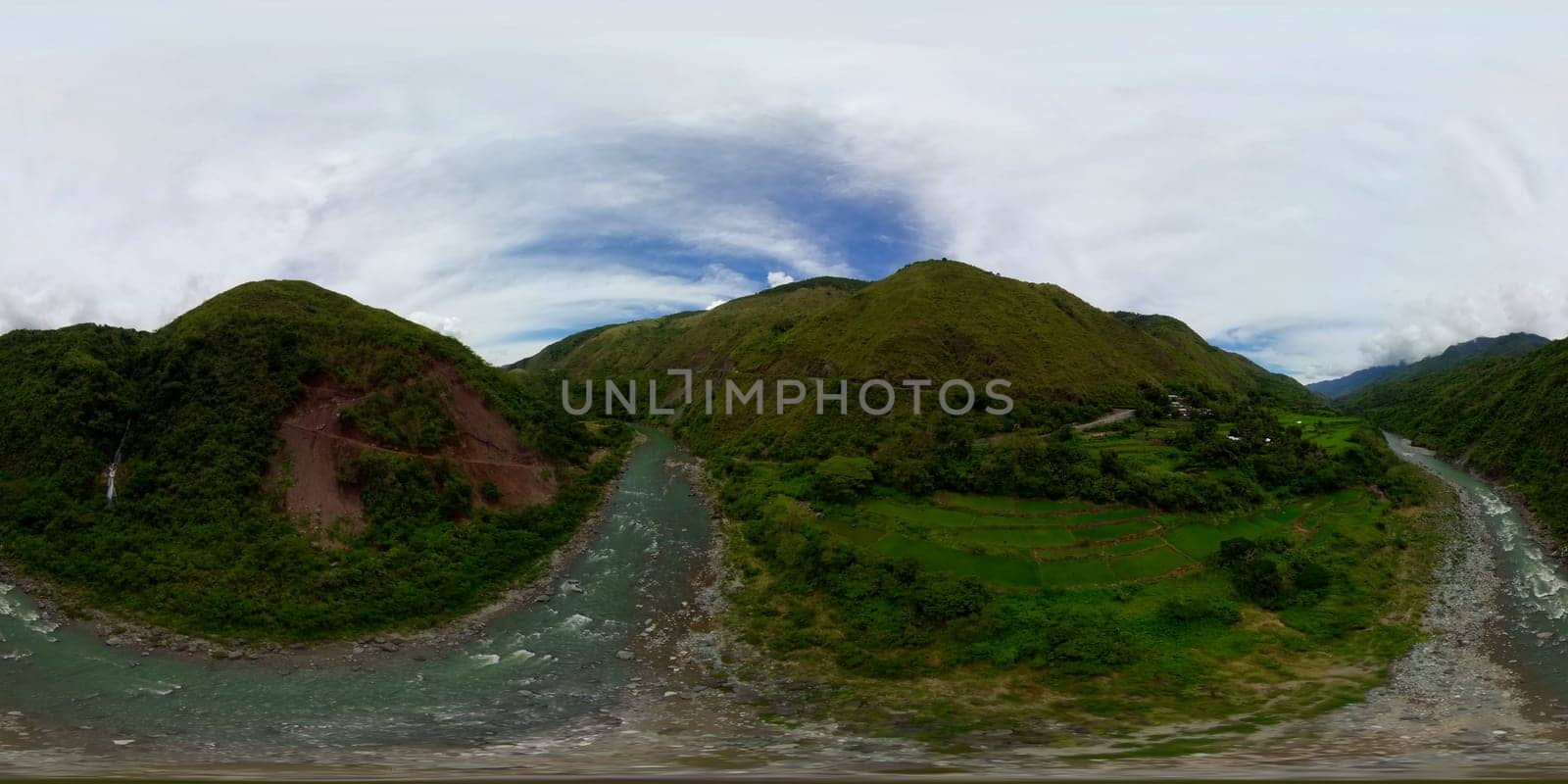 Waterfall and river among in the mountains. Rice terraces on the slopes of the mountains. 360VR. Philippines, Luzon.