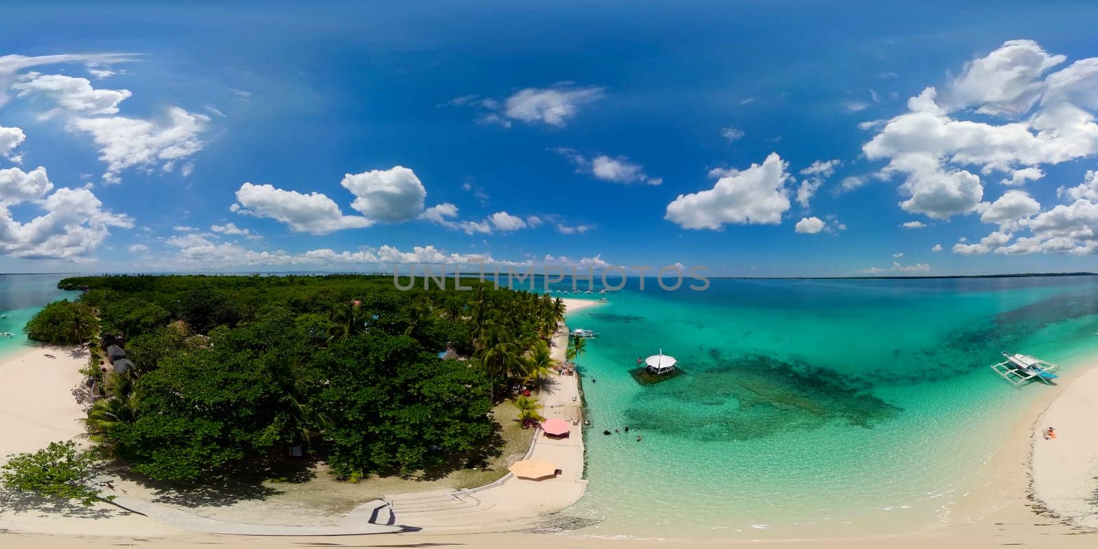 Sandy beach on a tropical island with palm trees. Virgin island, Philippines. 360 panorama VR.