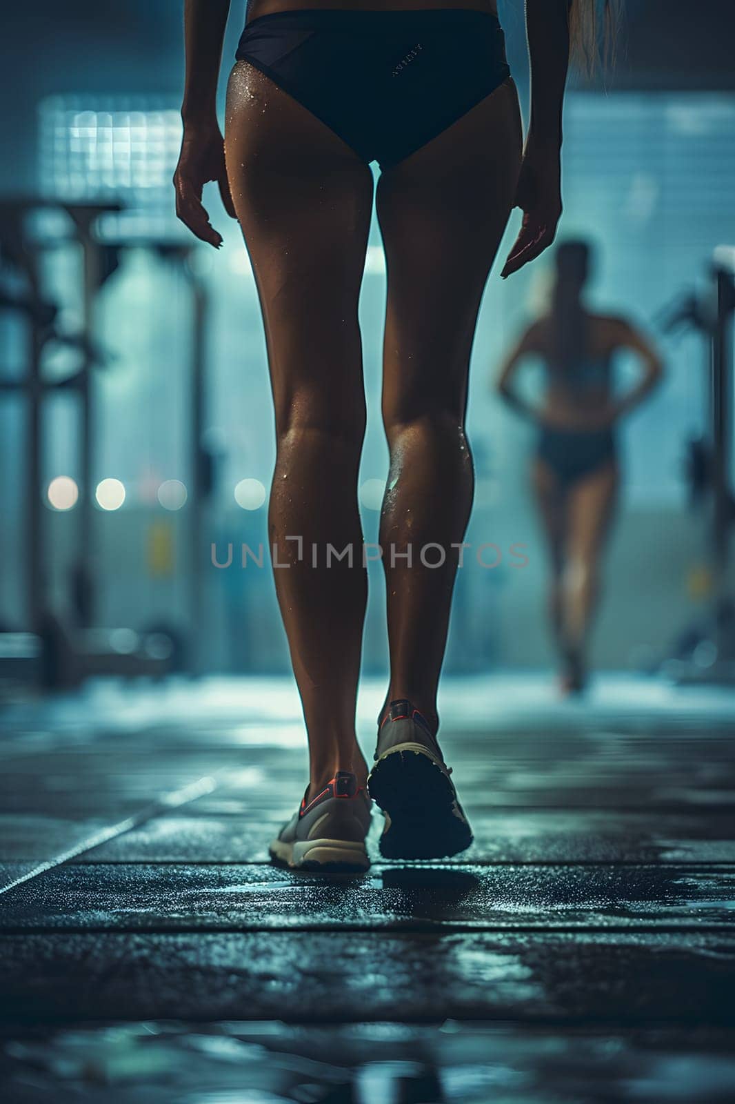 A woman in swimwear is exercising in the gym, showcasing her toned legs and thighs while wearing a onepiece swimsuit. Her body moves gracefully as she performs various routines