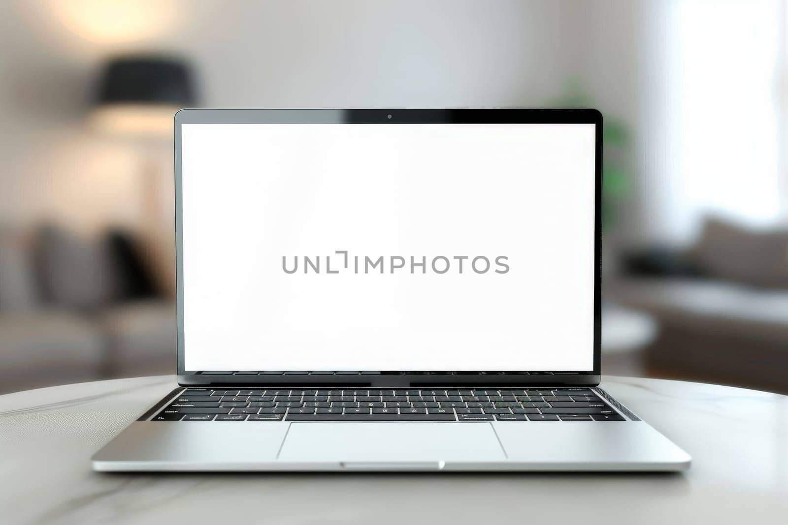 Laptop mockup with modern background and white screen. Generative AI by matamnad