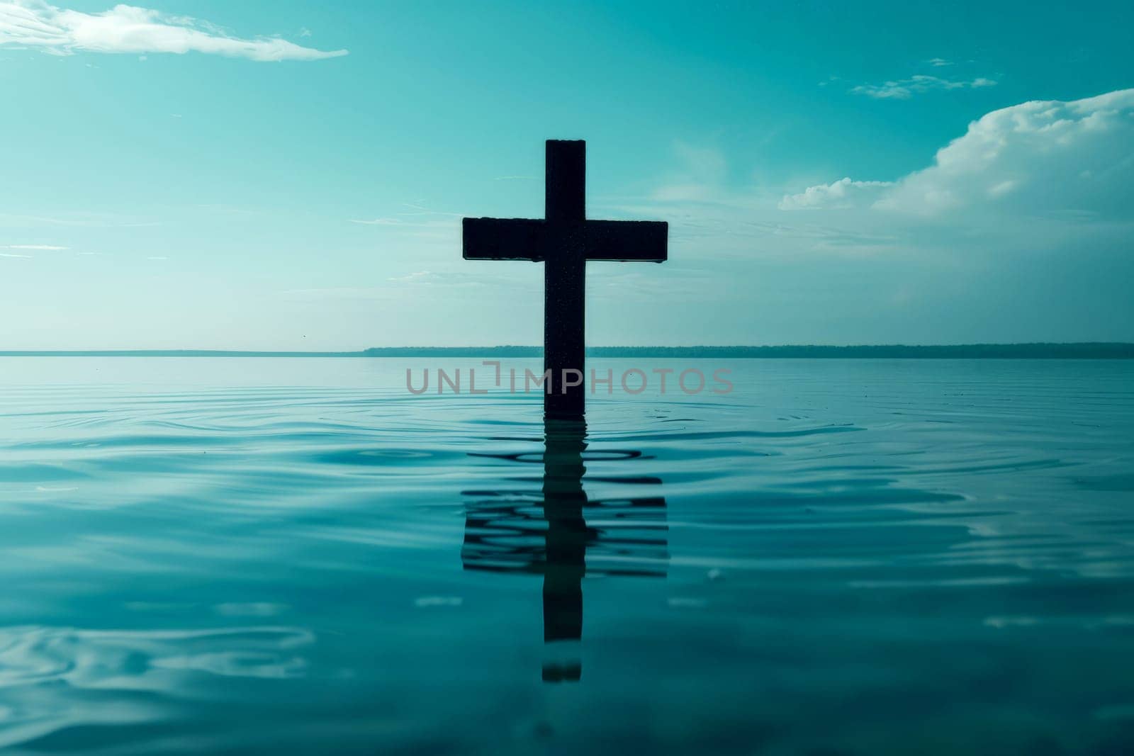 Christ with cross in water submerged in a blue lake. Generative AI by matamnad