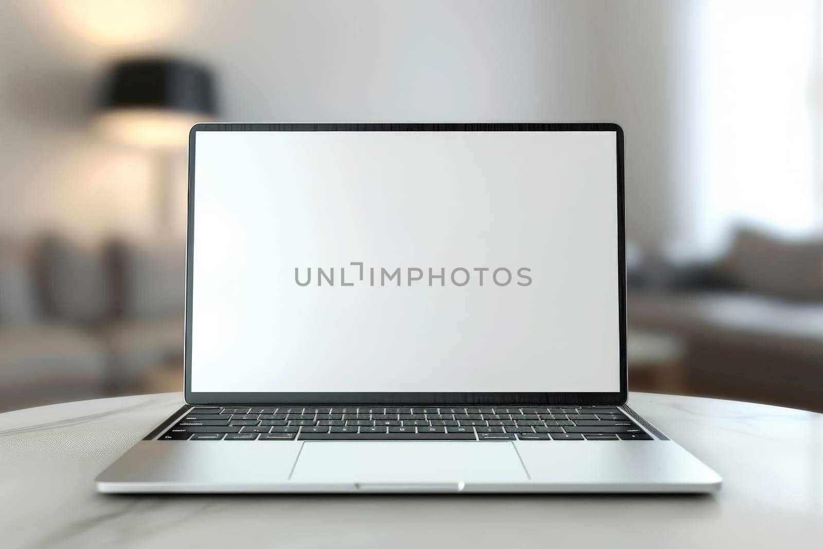 Laptop mockup with modern background and white screen. Generative AI by matamnad