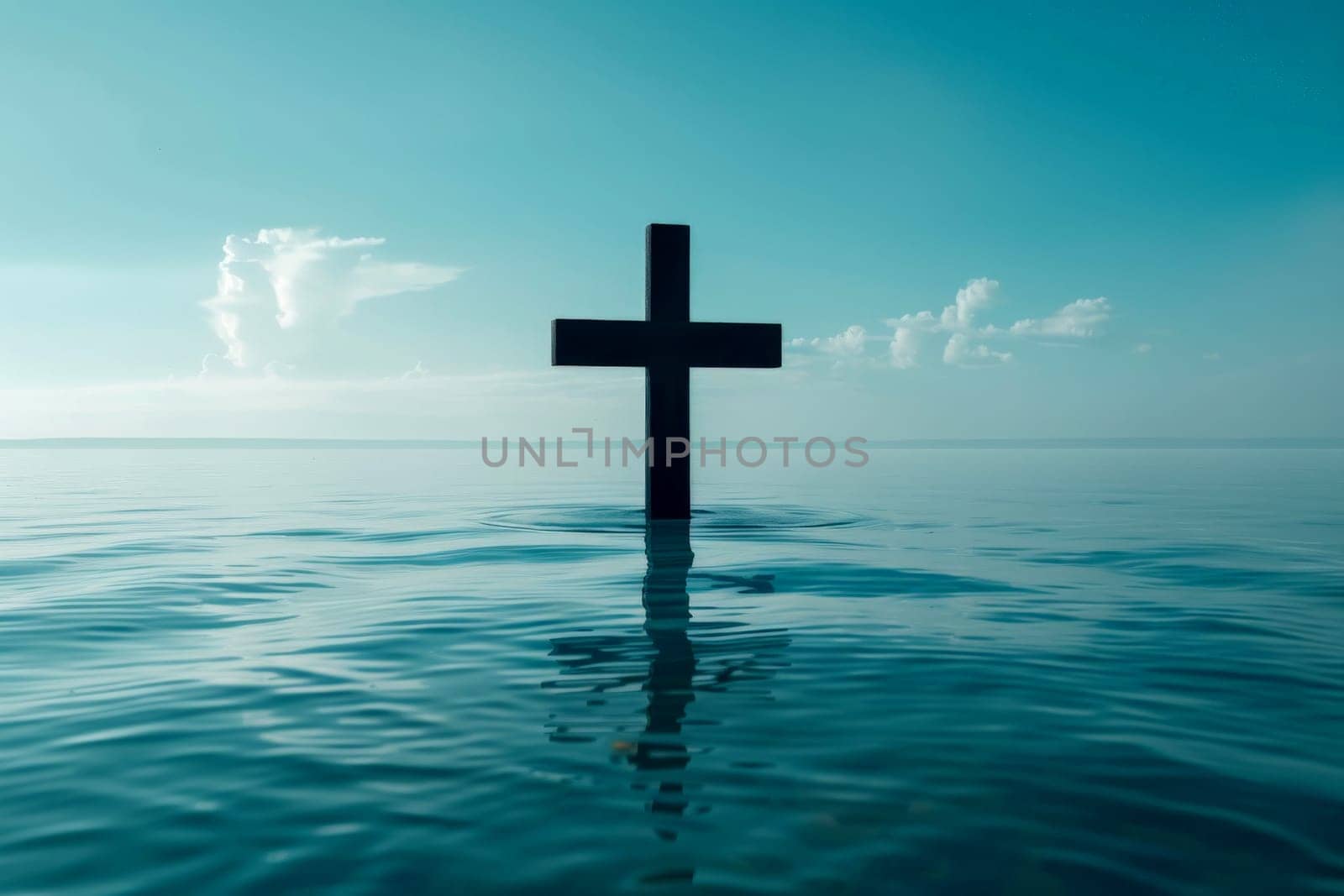 Christ with cross in water submerged in a blue lake. Generative AI by matamnad