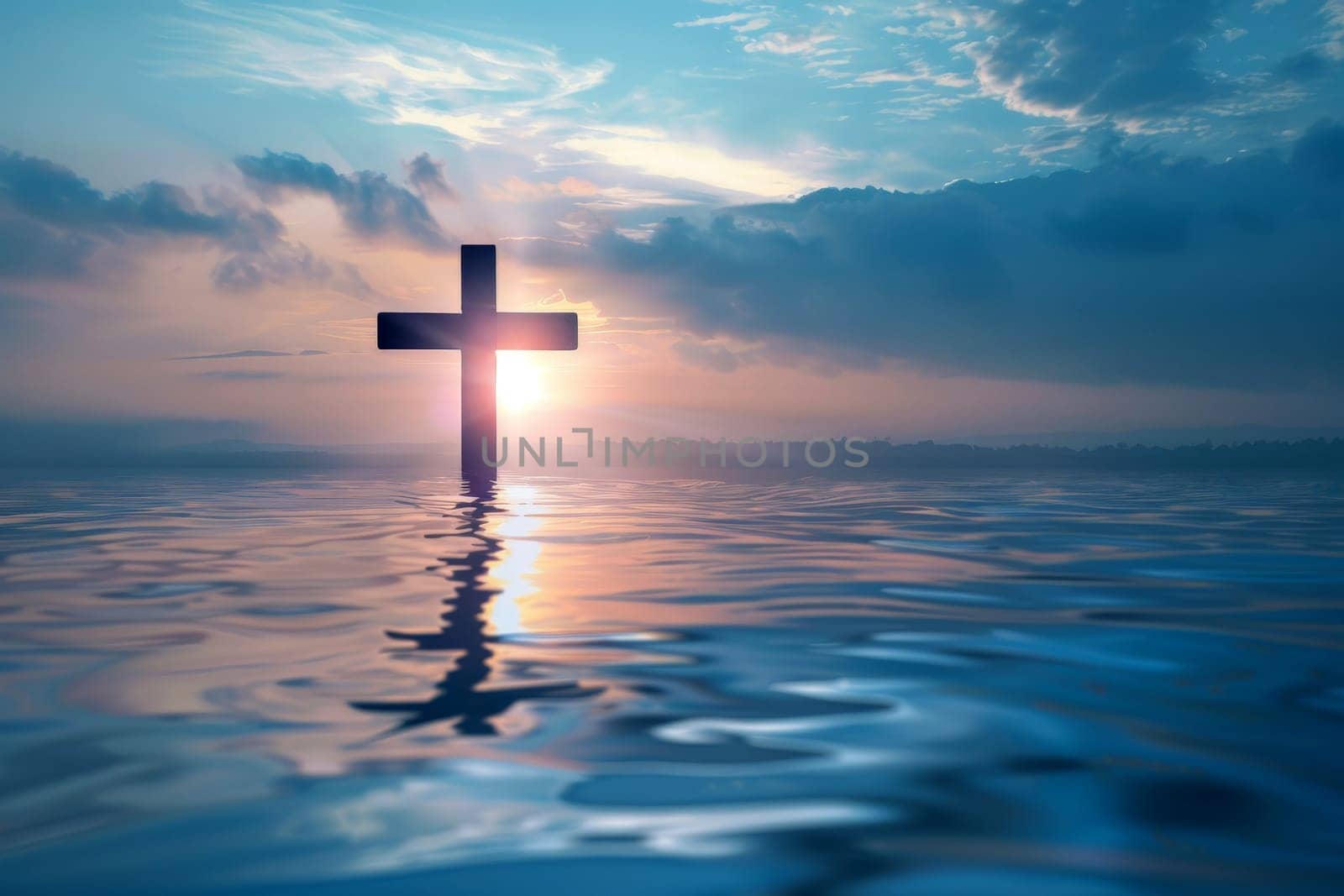 Christ with cross in water submerged in a blue lake. Generative AI by matamnad