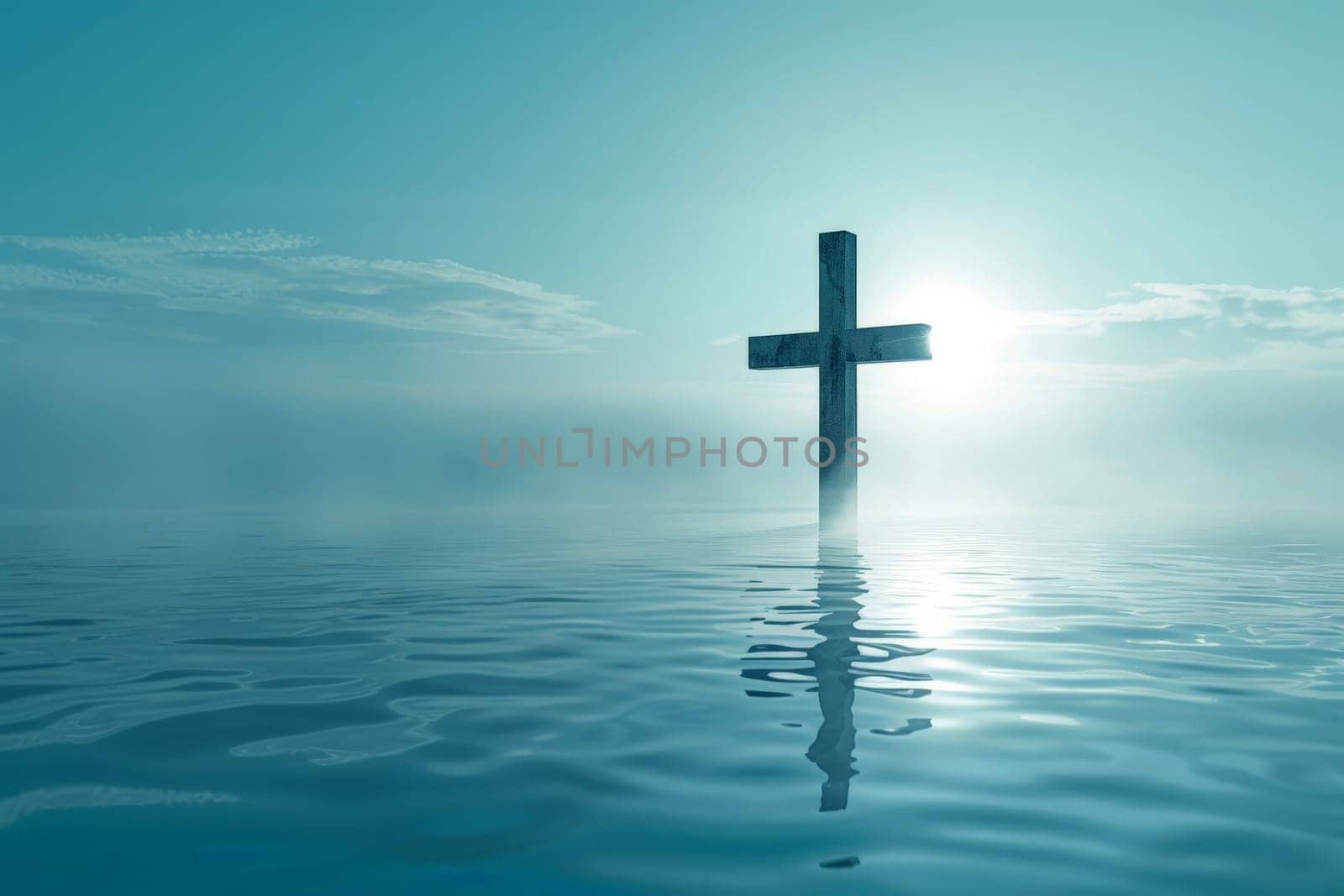 Christ with cross in water submerged in a blue lake. Generative AI.