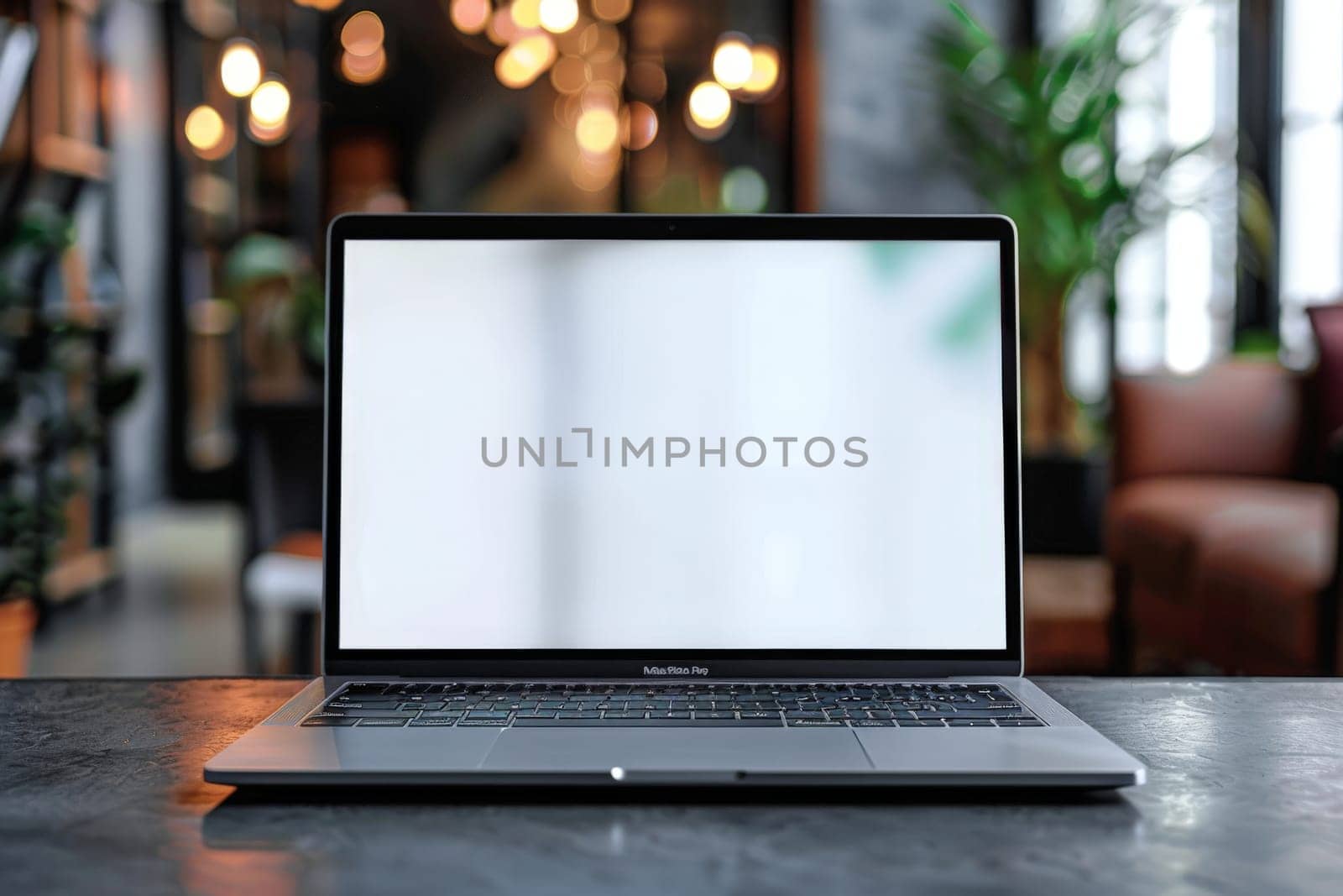 Laptop mockup with modern background and white screen. Generative AI by matamnad