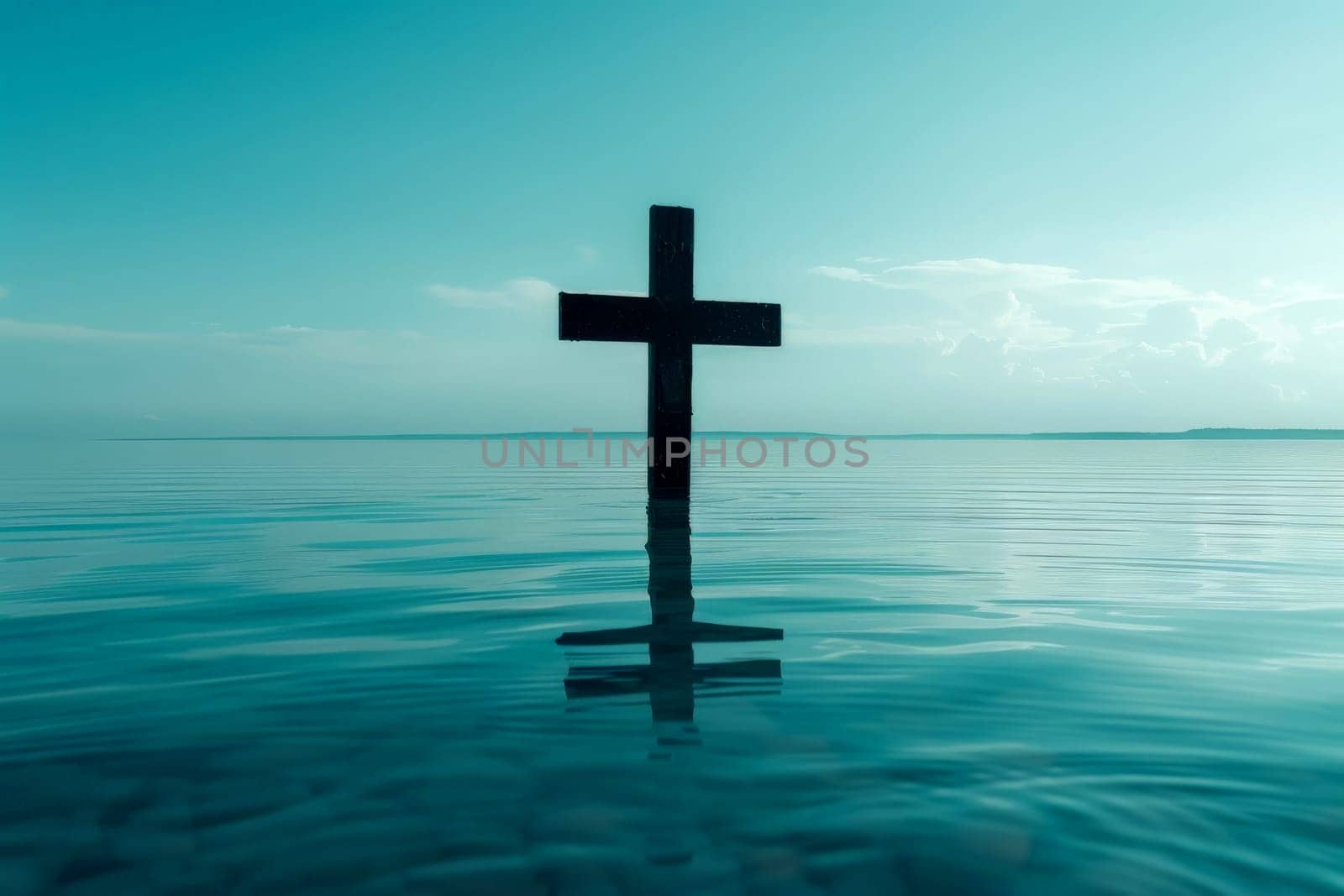 Christ with cross in water submerged in a blue lake. Generative AI by matamnad