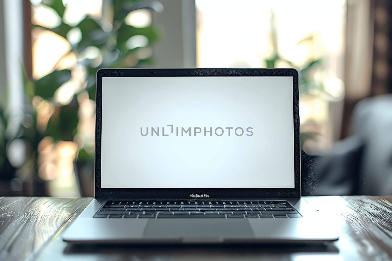 Laptop mockup with modern background and white screen. Generative AI by matamnad