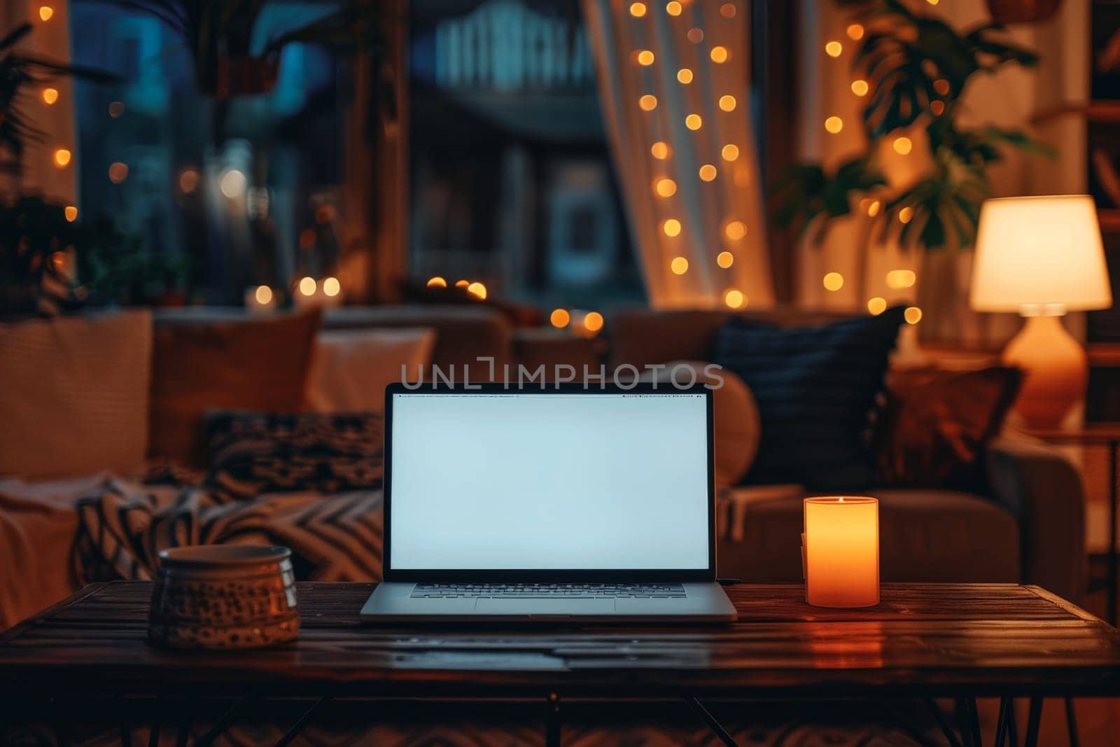 Laptop mockup with modern background and white screen. Generative AI.