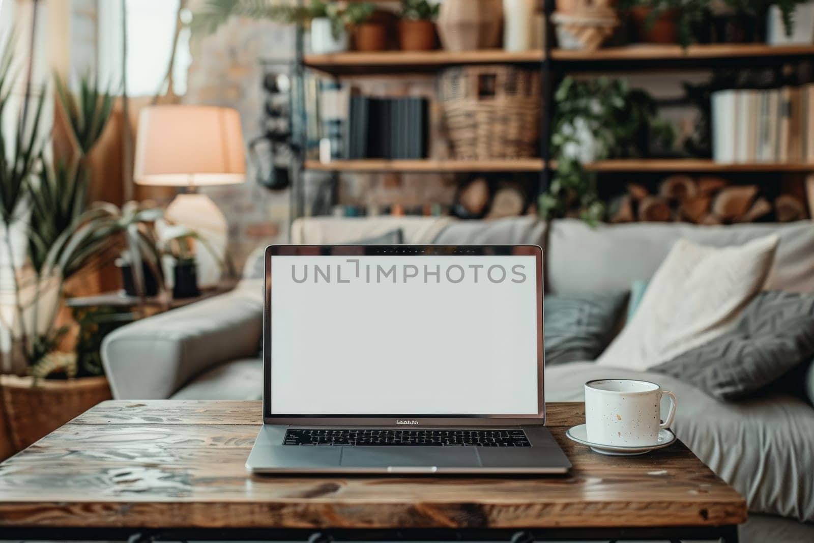 Laptop mockup with modern background and white screen. Generative AI by matamnad