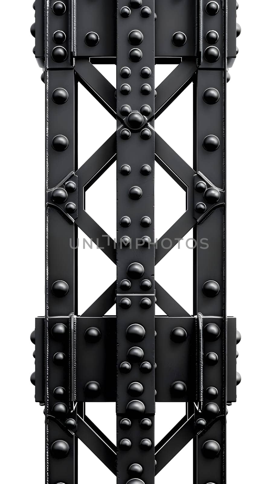 A close up photo showcasing a black metal rectangle with a symmetrical pattern on a white background. Resembling a bridge or automotive wheel system component