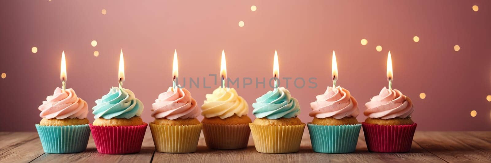 Colorful cupcakes with lit candles are displayed against a pink background, indicating an indoor celebration event marking of joy and celebrating. with free space by Matiunina