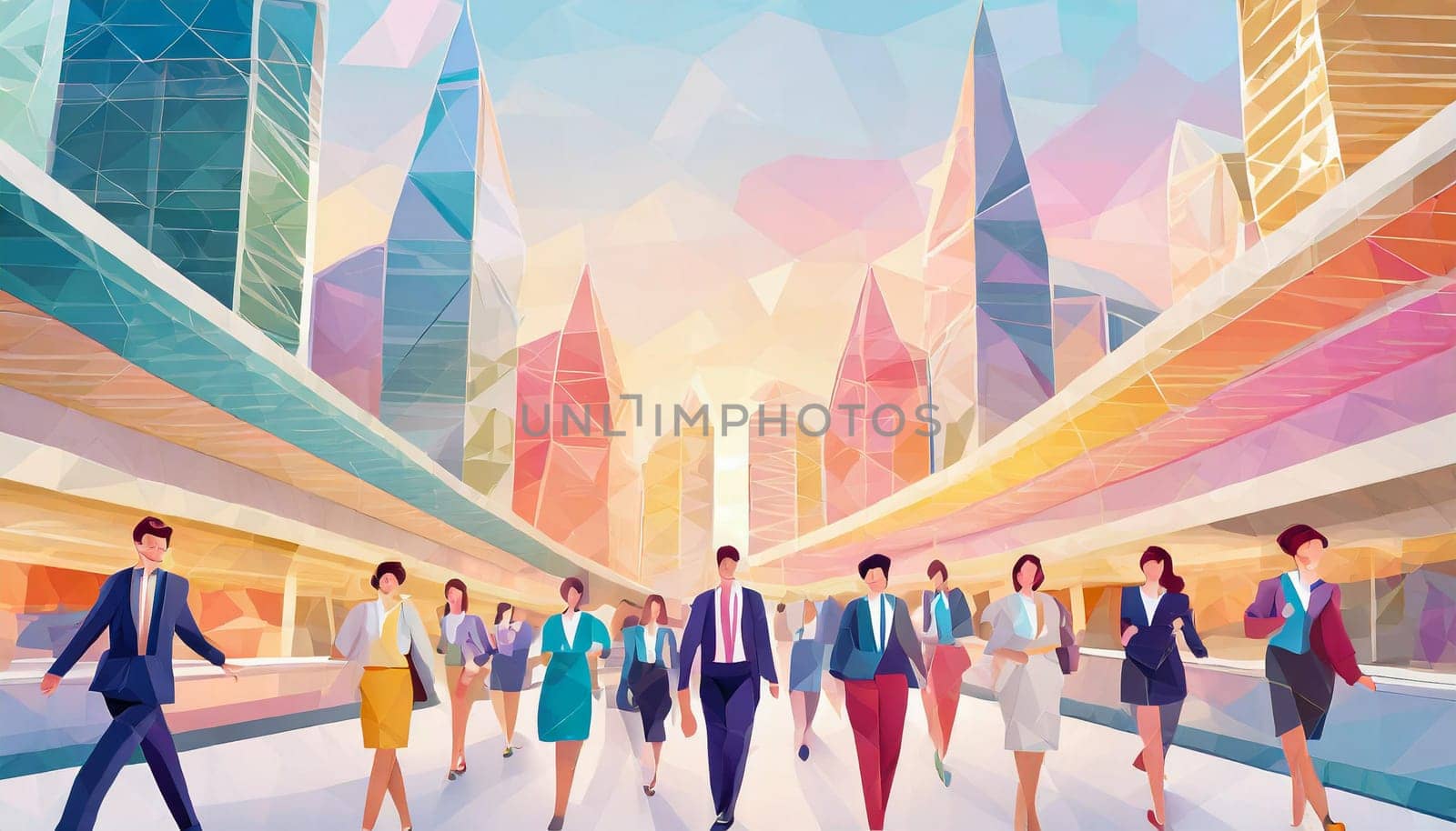 Urban scene with commuters pedestrians walking low poly colorful painting style, AI generated by verbano