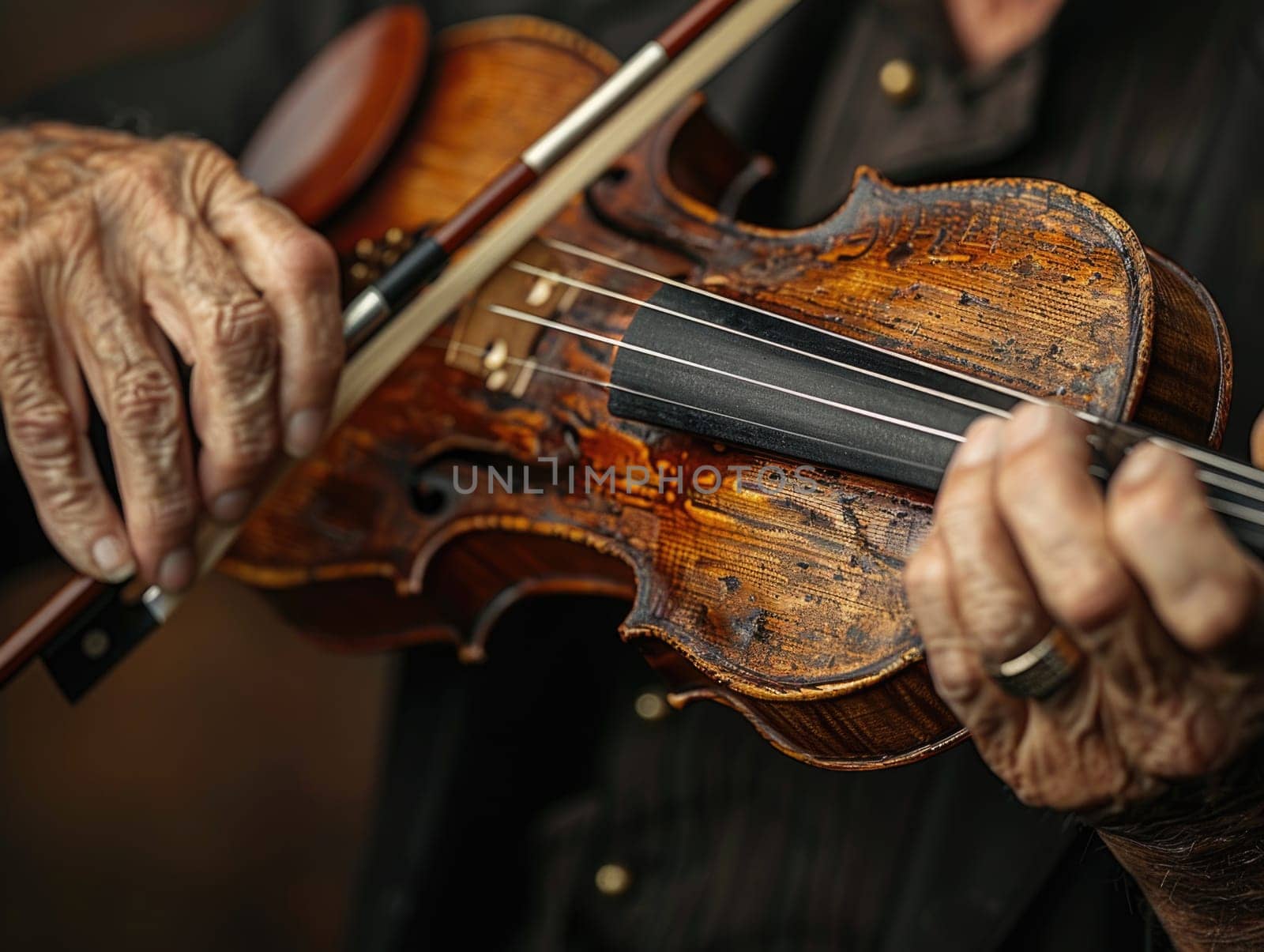 A close-up view showcasing a master violinist skillfully playing the violin with precision and expertise.