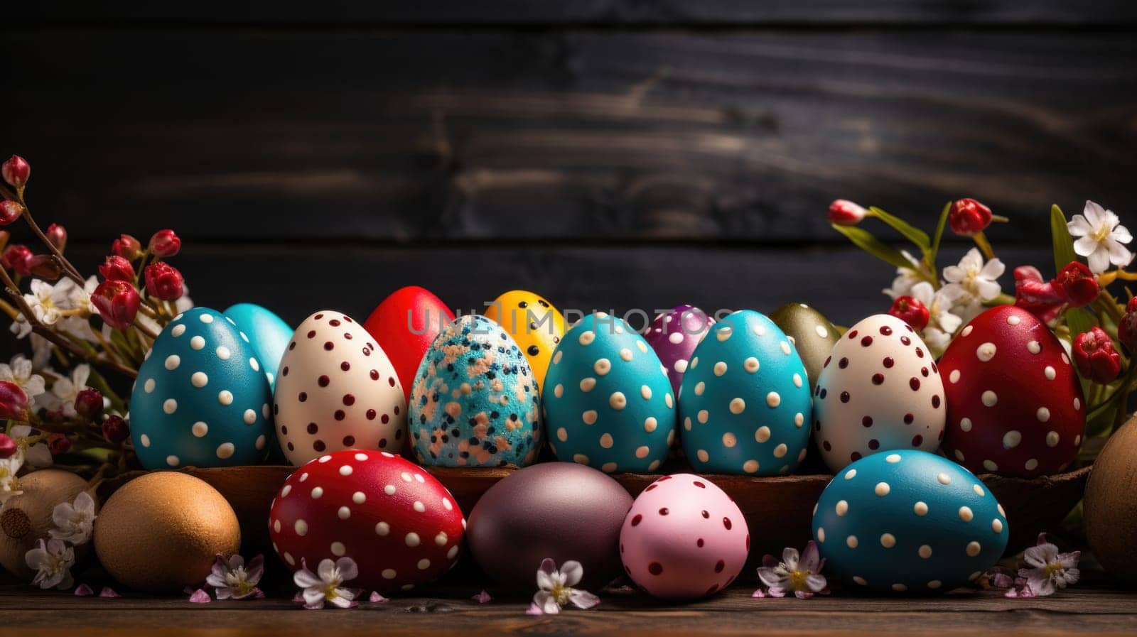 Multiple eggs of various colors and sizes placed neatly on a wooden table surface.