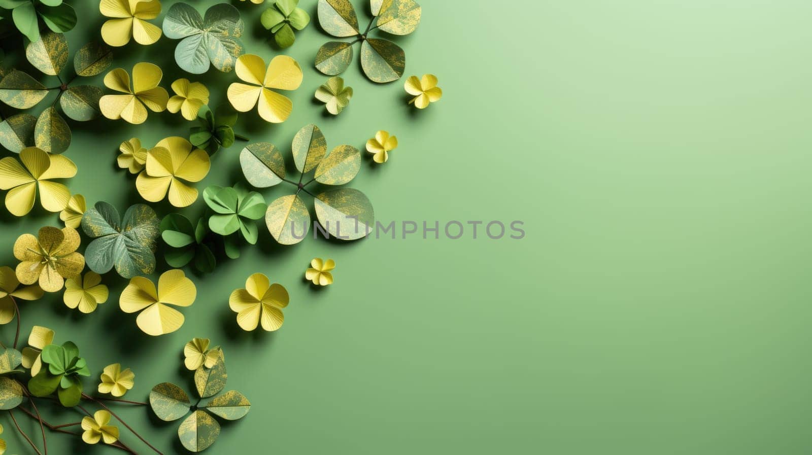 Assortment of green and yellow flowers arranged on a vibrant green backdrop.