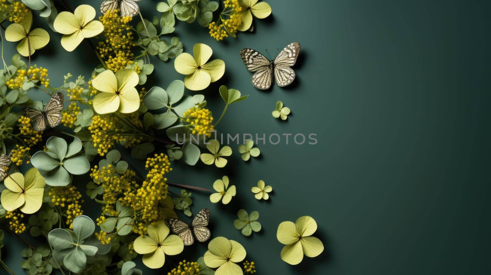Yellow Flowers and Butterflies on Green Background by but_photo