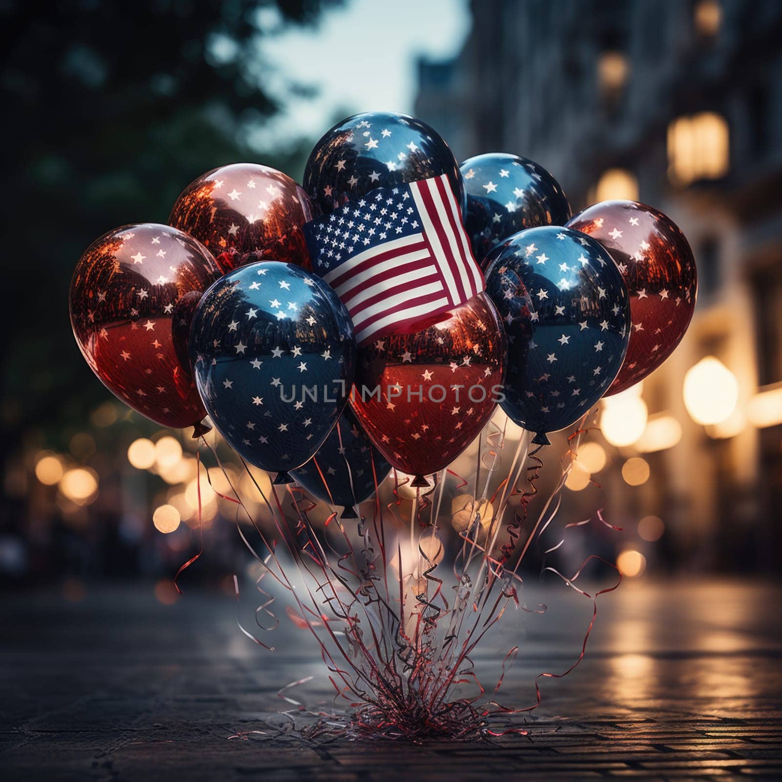 Multiple balloons adorned with the American flag design, creating a festive and patriotic display.