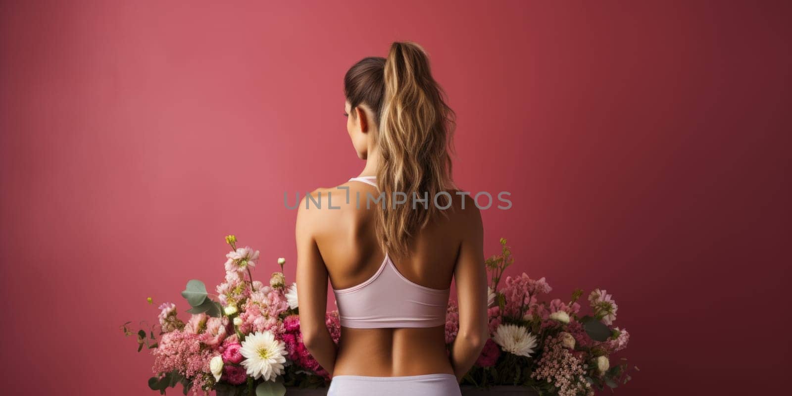 A stylish woman standing elegantly next to a vase filled with colorful flowers.