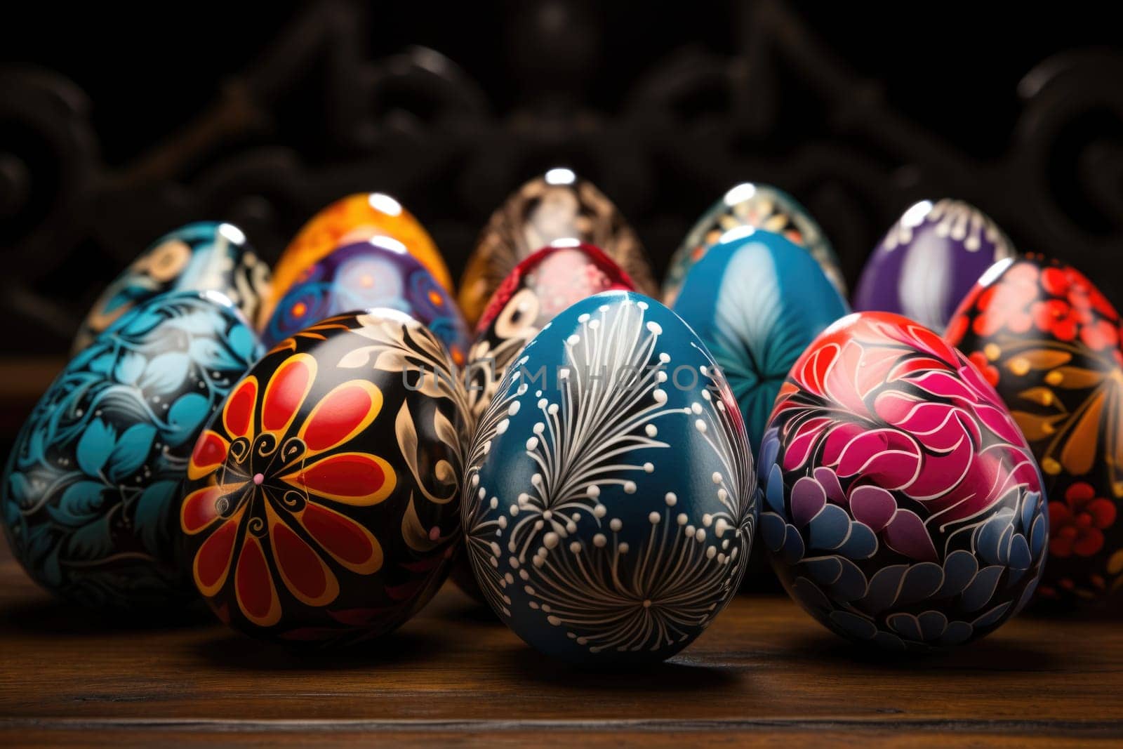 A group of vibrant hand-painted Easter eggs displayed on a wooden table.