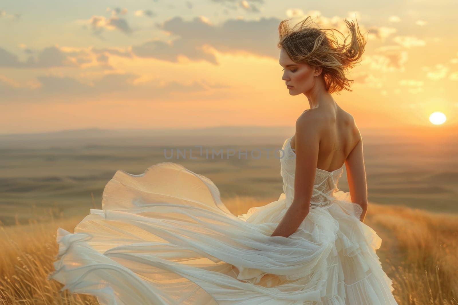 Woman Walking Through White Dress in Field by but_photo