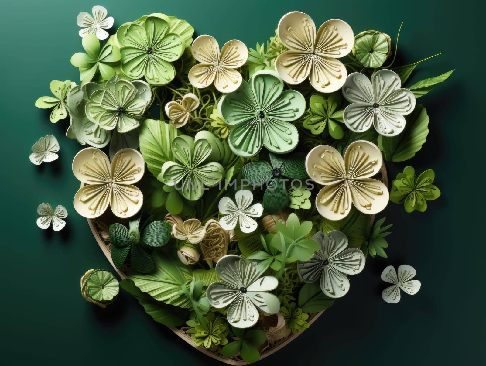 A heart-shaped arrangement of green and white flowers creating a visual centerpiece.