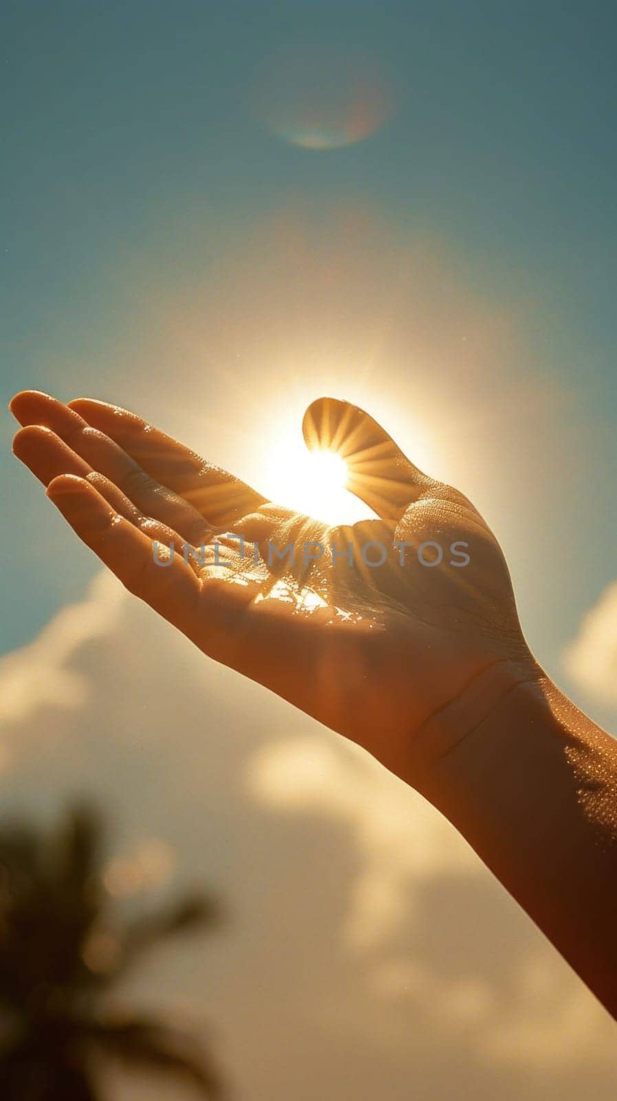 A person reaching their hand towards the sun in the sky.