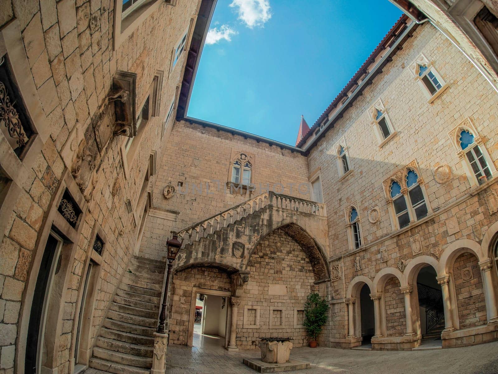 Loggia of Trogir medieval town in Dalmatia Croatia UNESCO World Heritage Site Old city and building detail.