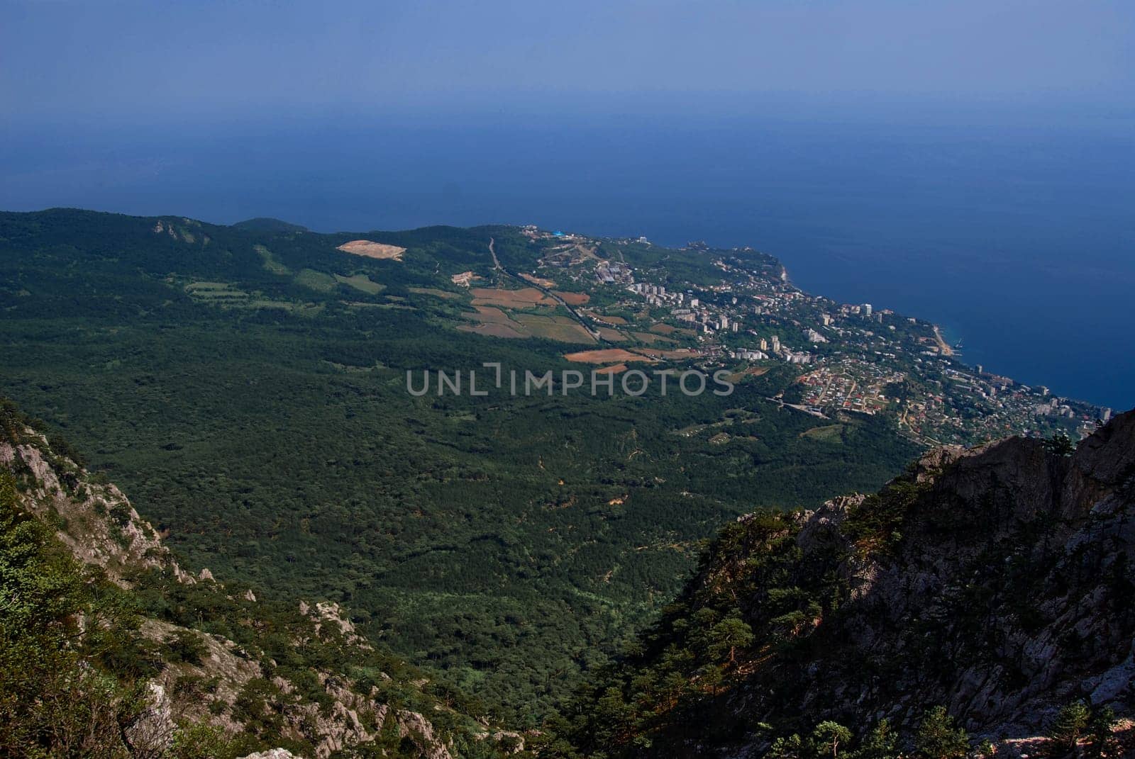 View from the mountain, below is a valley flowing into the Black Sea.The blue colour of the sea from above is beautiful.