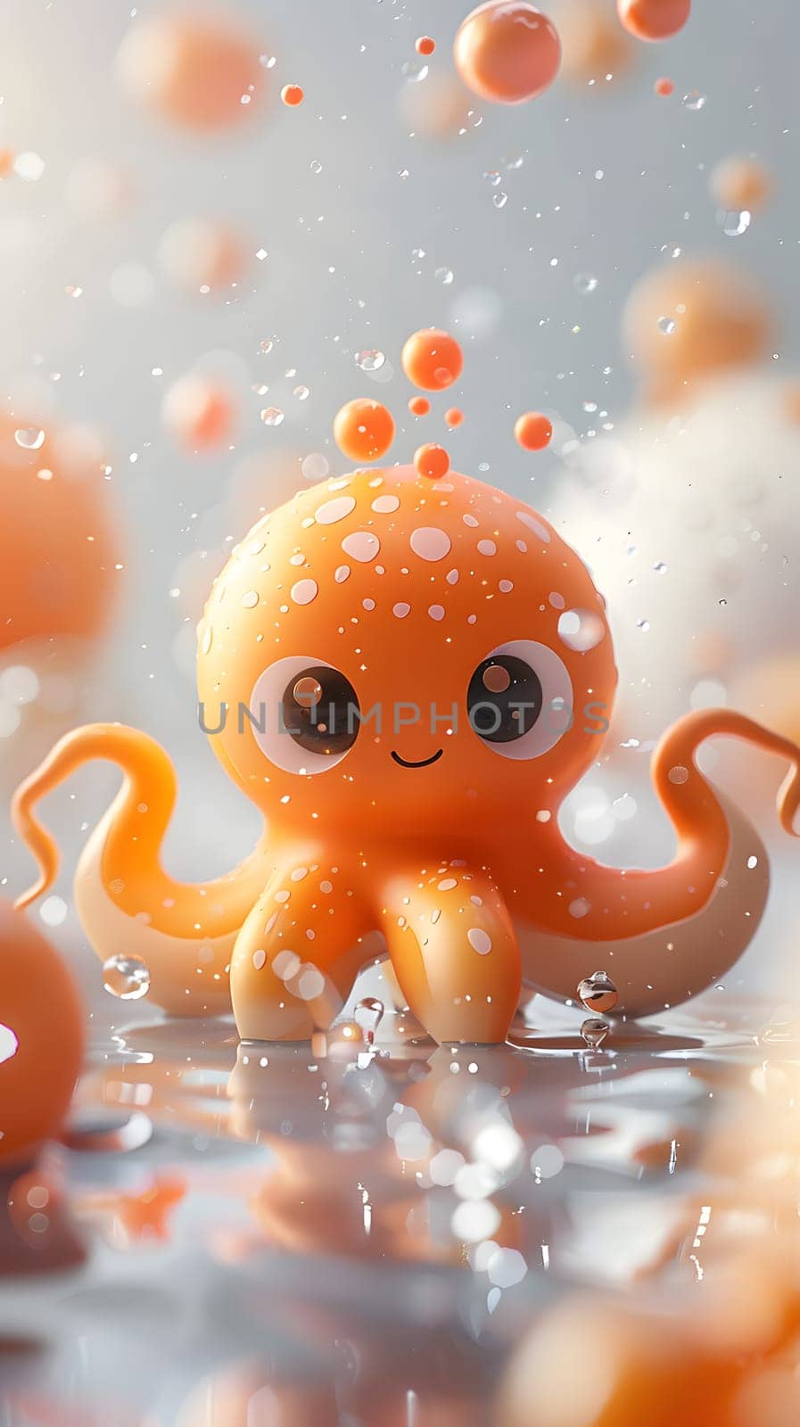 A cute orange octopus toy sits in liquid surrounded by bubbles, closeup view by Nadtochiy