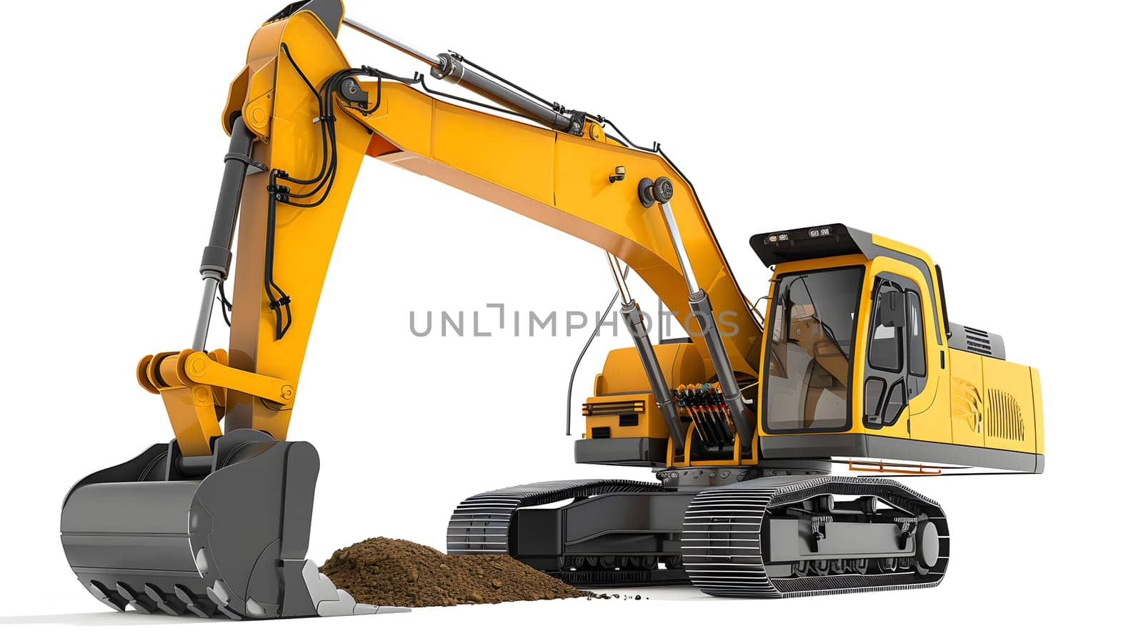 A yellow excavator, a type of construction equipment and engineering machine, is digging a hole in the ground using its metal bucket on a slope made of asphalt, a composite material