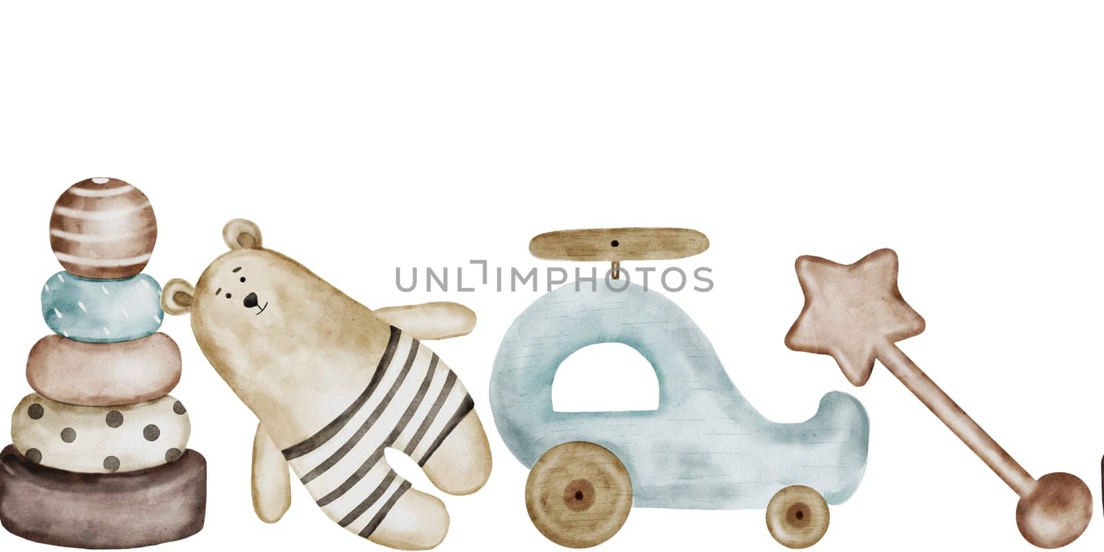 Children's toys watercolor. Hand drawn isolated on white background seamless border of wooden children's items. Pyramid, teddy bear, rattle and helicopter. For children's textiles and cards for baby shower and birthday. High quality illustration