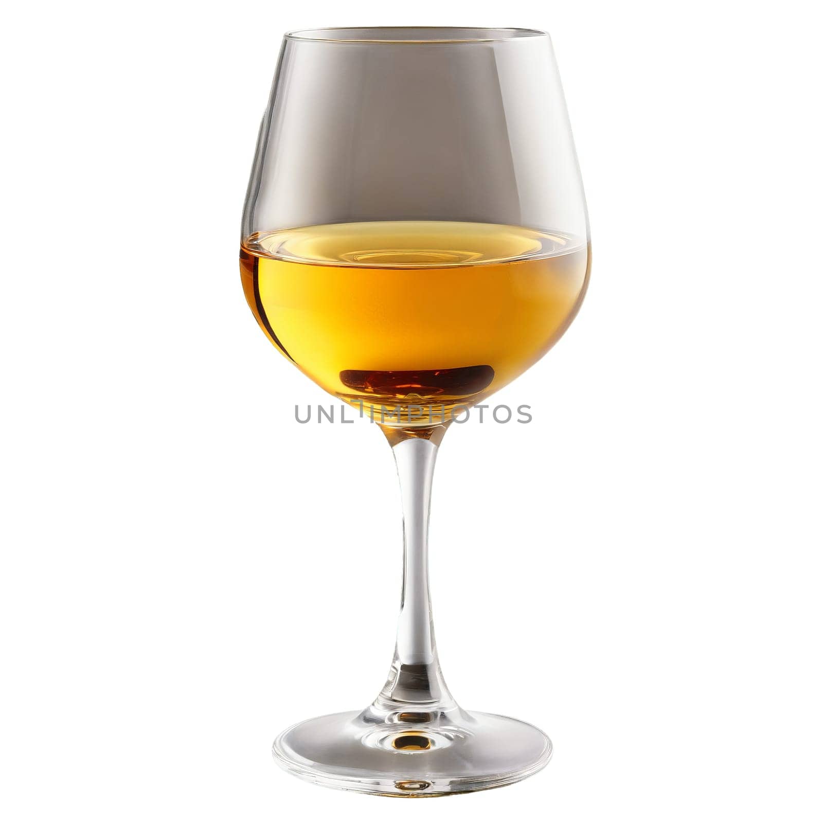 Sherry glass small and tapered containing a nutty amber hued fortified wine that clings to by panophotograph