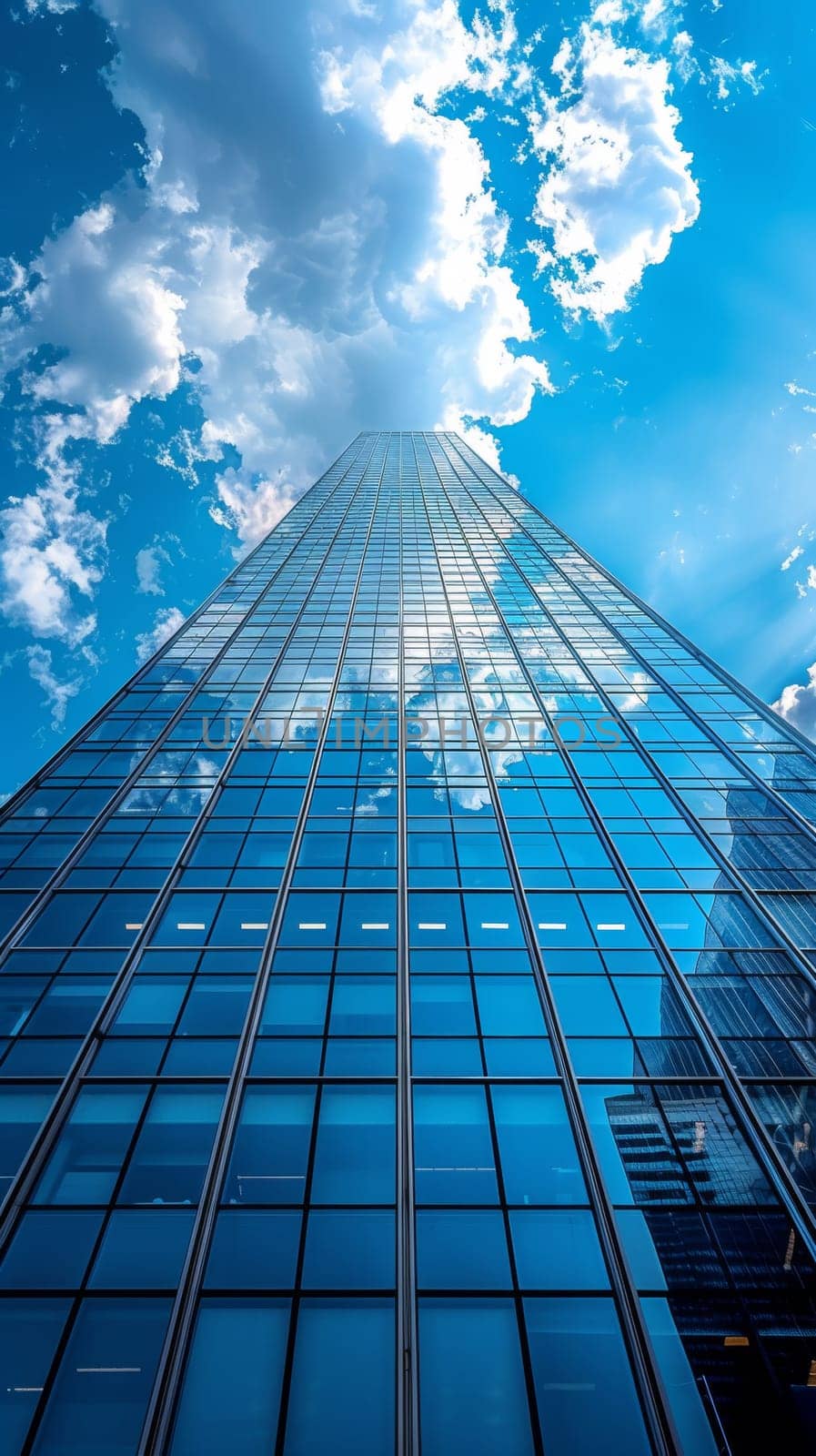 A view of a tall building with lots of windows and clouds